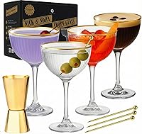 Vista 11 de VEMACITY - Juego de 4 vasos de Martini Espresso de lujo Vasos Coupé de 10 onzas con bordes dorados para champán, Cosmopolitans - Incluye jigger