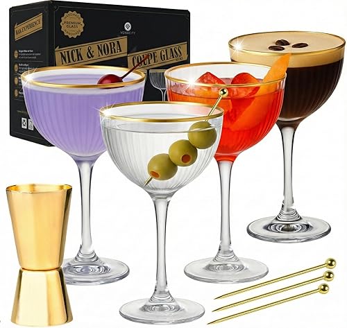 Miniatura 11 de VEMACITY - Juego de 4 vasos de Martini Espresso de lujo Vasos Coupé de 10 onzas con bordes dorados para champán, Cosmopolitans - Incluye jigger