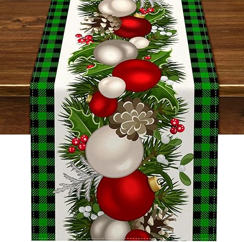 Nepnuser Camino de mesa de Navidad a cuadros de búfalo negro y verde, 108 pulgadas de largo, decoración de Navidad, decoración de cocina para el