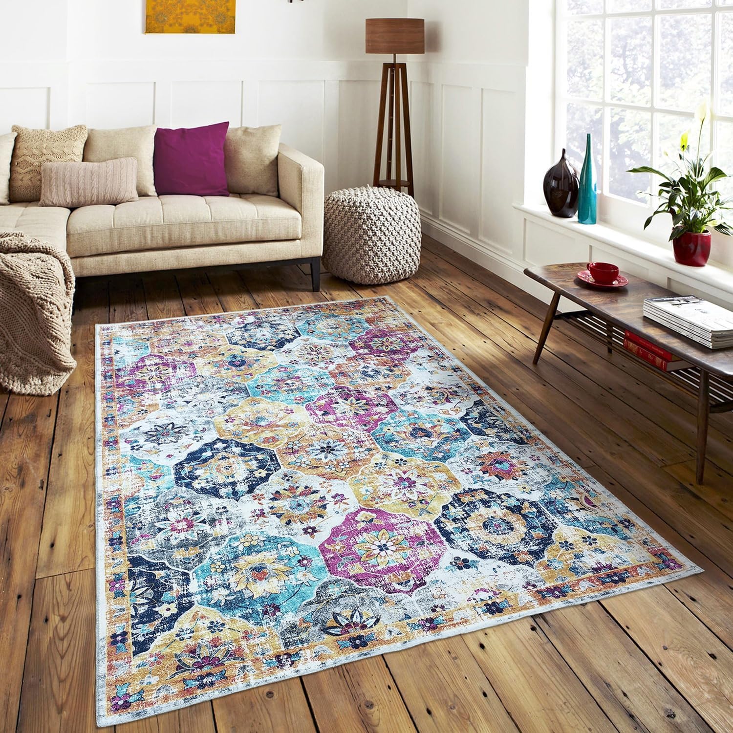 mandala - machine washable area rugs 6 x 9 ft  stain resistant rug  durable polyester material  patterned & colorful rug  bedroom & living room rug  room & modern home decor - multi color