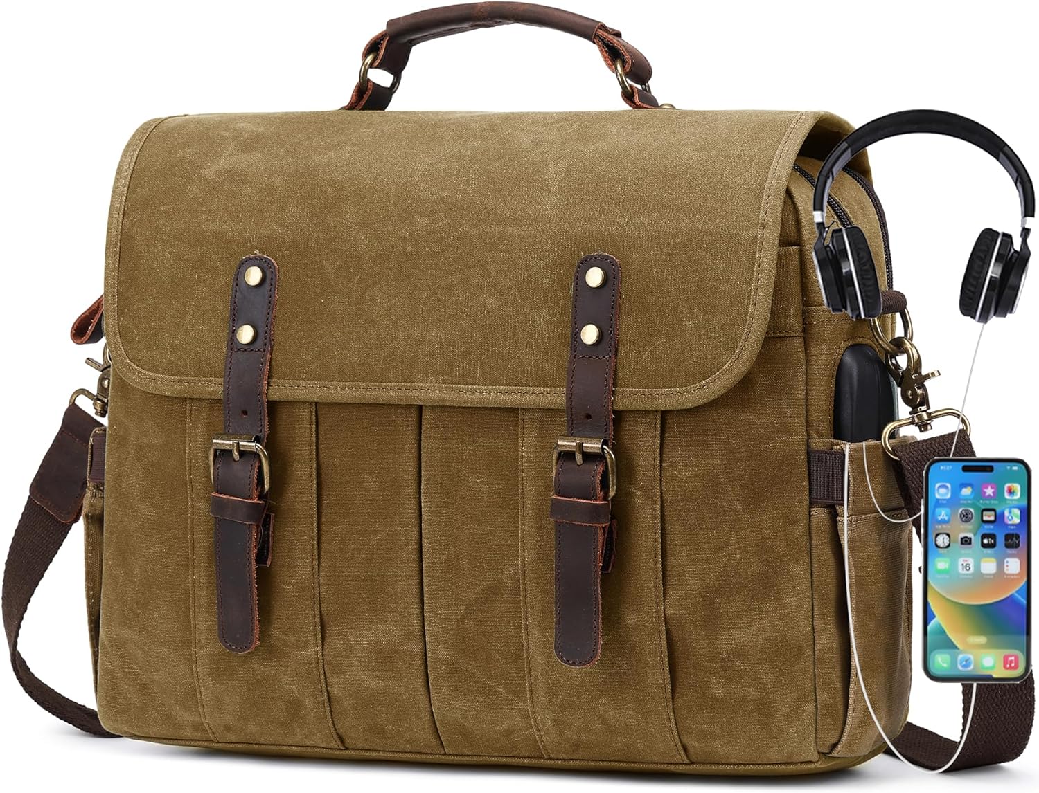 Messenger Bag for Men 15.6 Inch Vintage Canvas Genuine Leather Briefcase for Men Laptop Bag Satchel Shoulder Bag