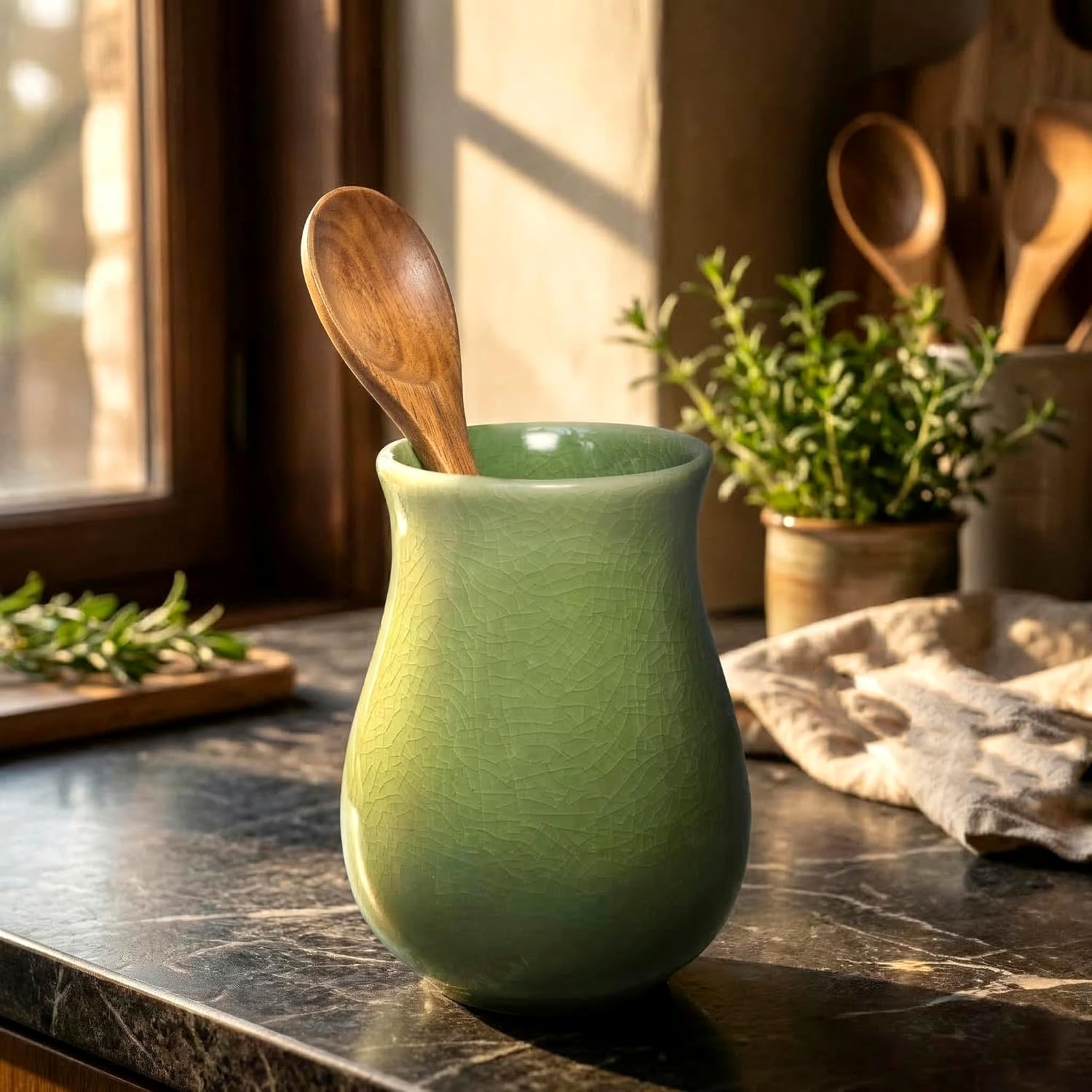 Ceramic Coffee Stir Sticks Holder,Spoon Utensil Holder,Green Crackle Glaze Organizer,Coffee Bar Accessories & Cute Office Desk Use,Pen Cup,Makeup Brush Holder for Desk.