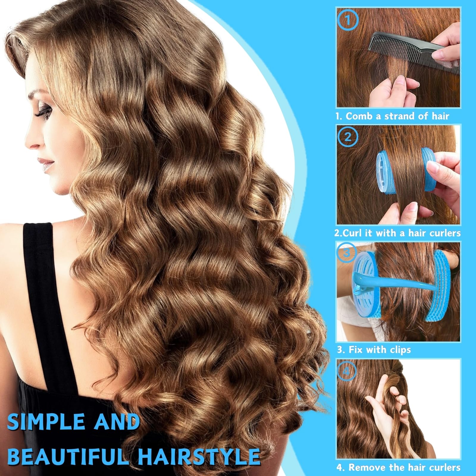 KEYRI 48PCS Hair Rollers Set Hair Rollers with Clips Self Grip Jumbo Hair Roller No Heat Heatless Hair Roller for Long Medium Short Hair Styling Hairs Salon Hairdressing Curlers (Blue - Image 3