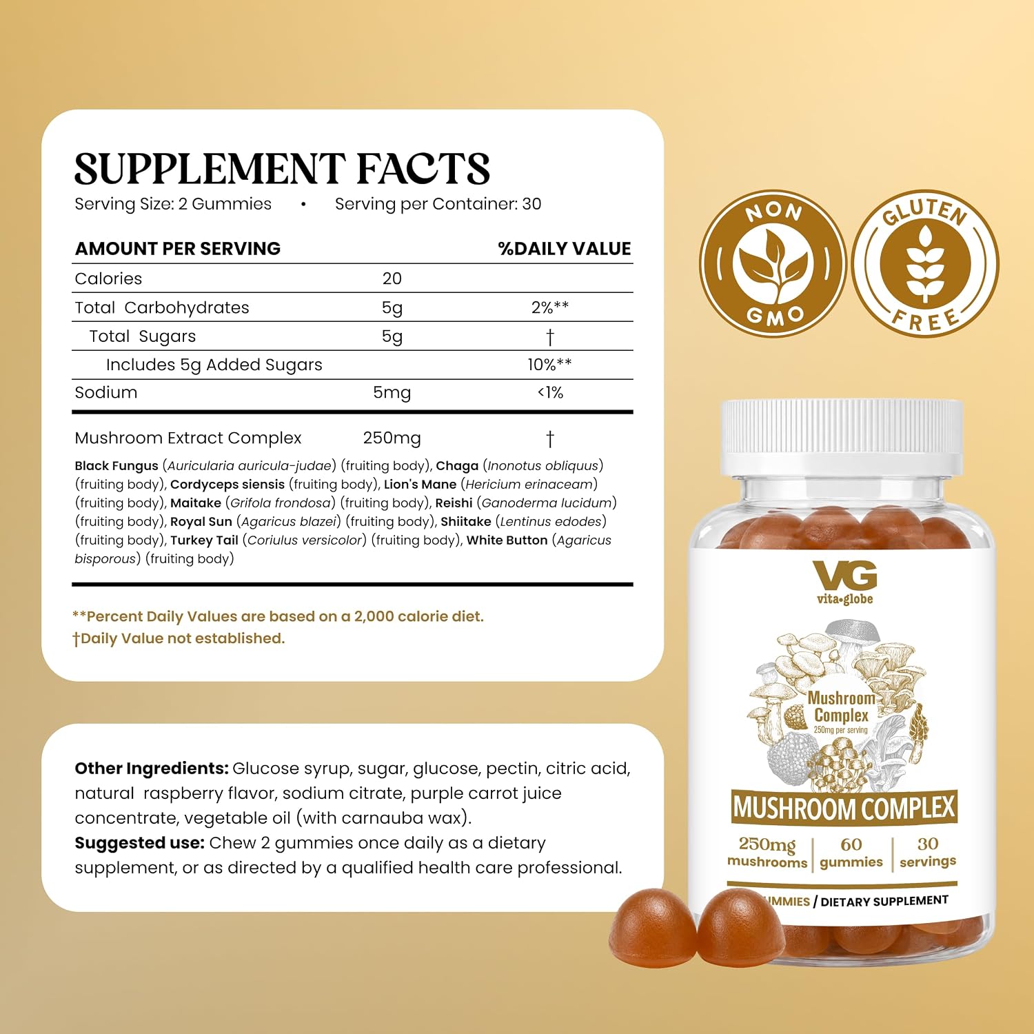Vita Globe Mushroom Complex Gummies, Lions Mane, Reishi & Chaga, Non-GMO