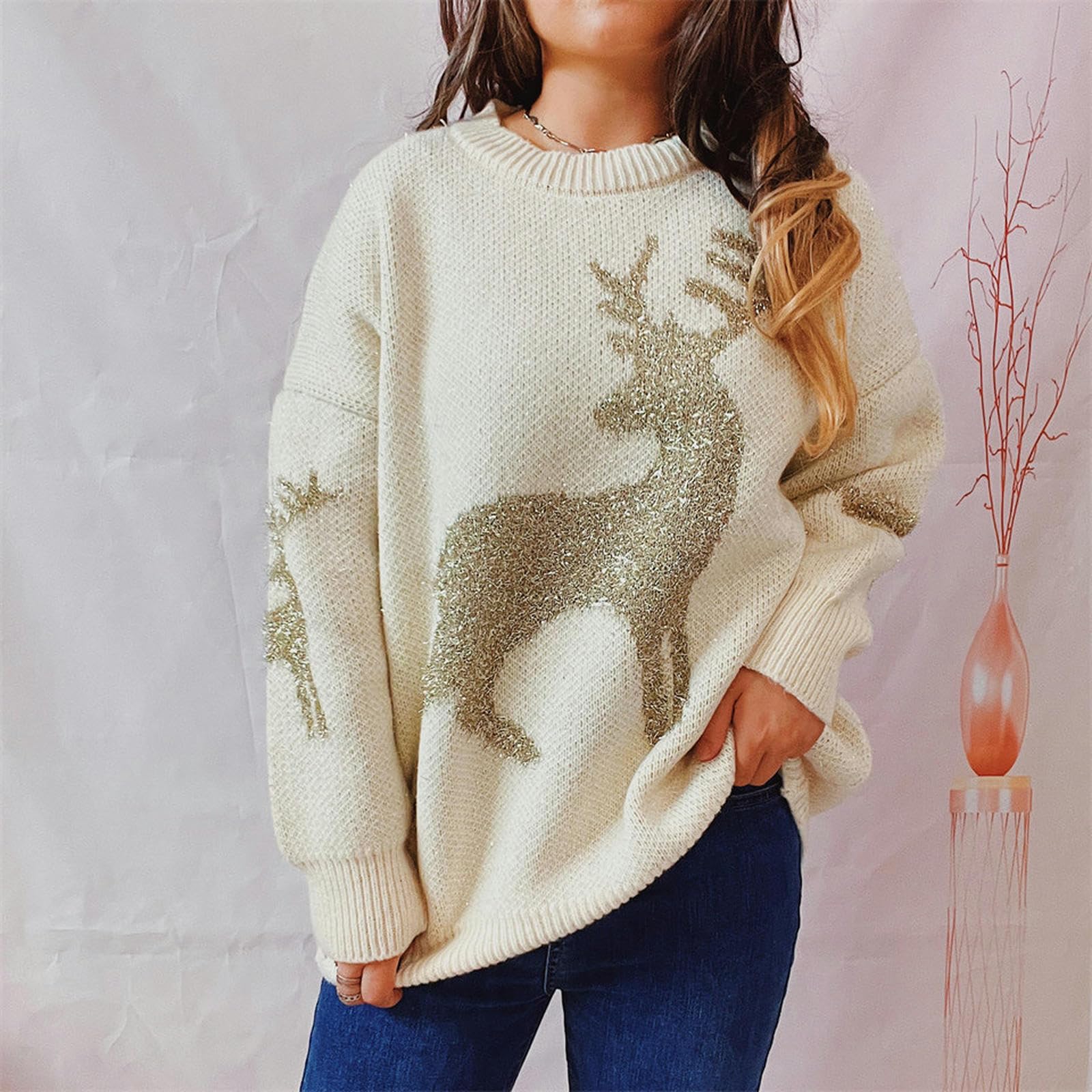Maglione Donna Invernale Maglione Natalizio Femminile Filo in Oro Maglione Maglione A Maglia Lunghe A Maglione Lungo Il Maglione Pullover Rotondo-Rosso-L