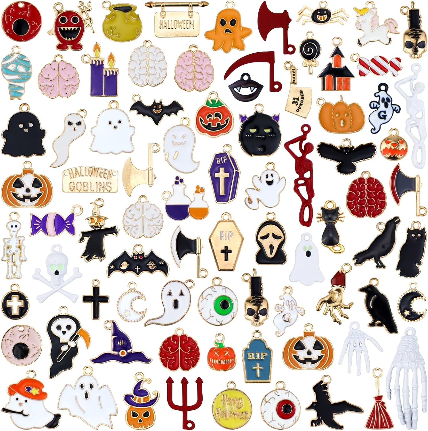 JIALEEY 81PCS Halloween Charms, Wholesale Bulk Lots Hallowmas Skull Skeleton Charms Mixed Gold Plated Enamel Halloween Mask Pendants DIY for Jewelry Making and Crafting