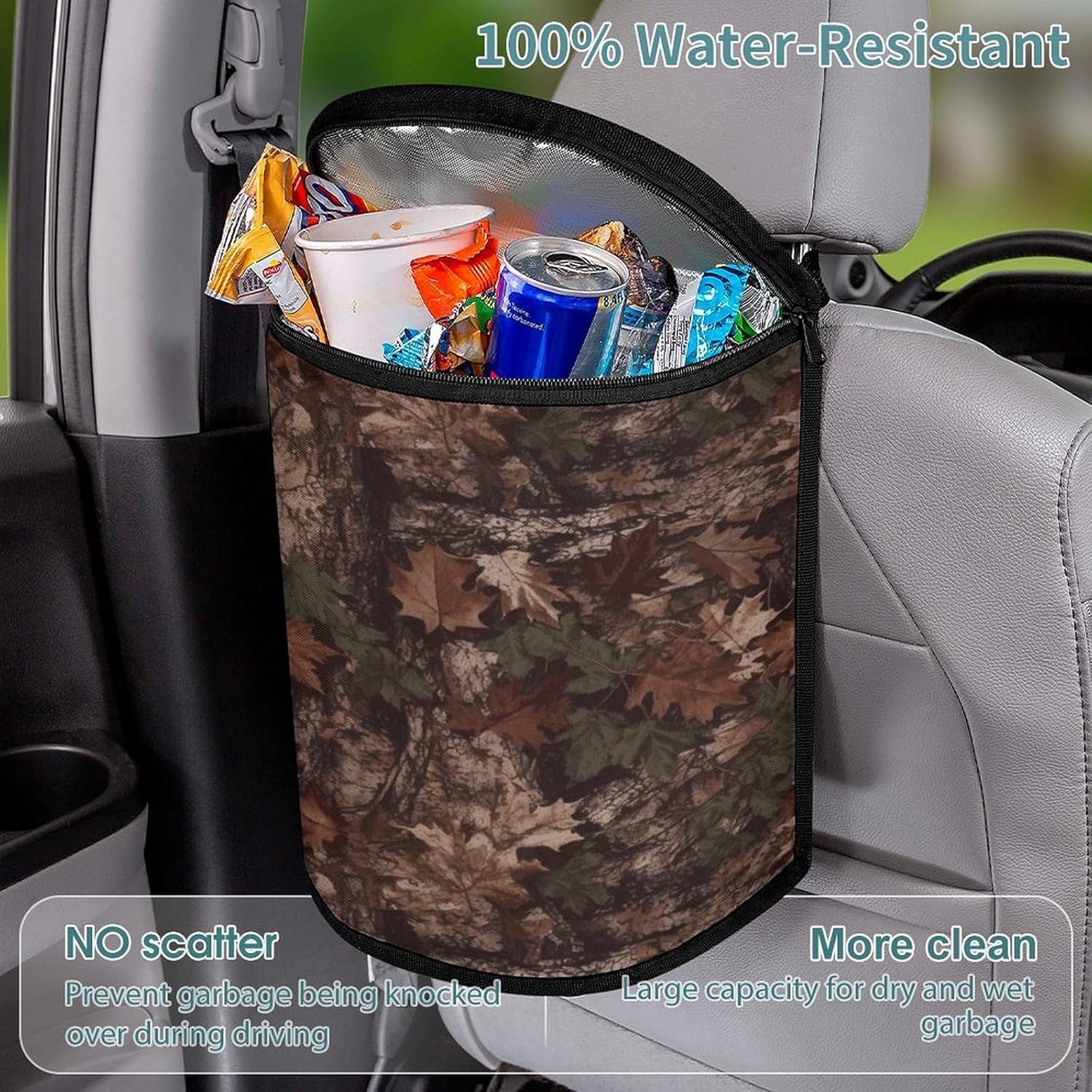 Outfitter Tuff Camo Car Trash Can Automotive Trash Storage Bag Portable Car Garbage Bag Leak-Proof Waterproof Cars Trash Bag with Lid&Zipper for All Vehicle