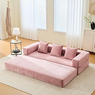 Convertible Floor Sofa Bed with Storage Pocket, Chenille Folding Mattress Sofa with Zipper Closure, Floor Lounge Couch for Living Room, Bedroom, Studio -Pink
