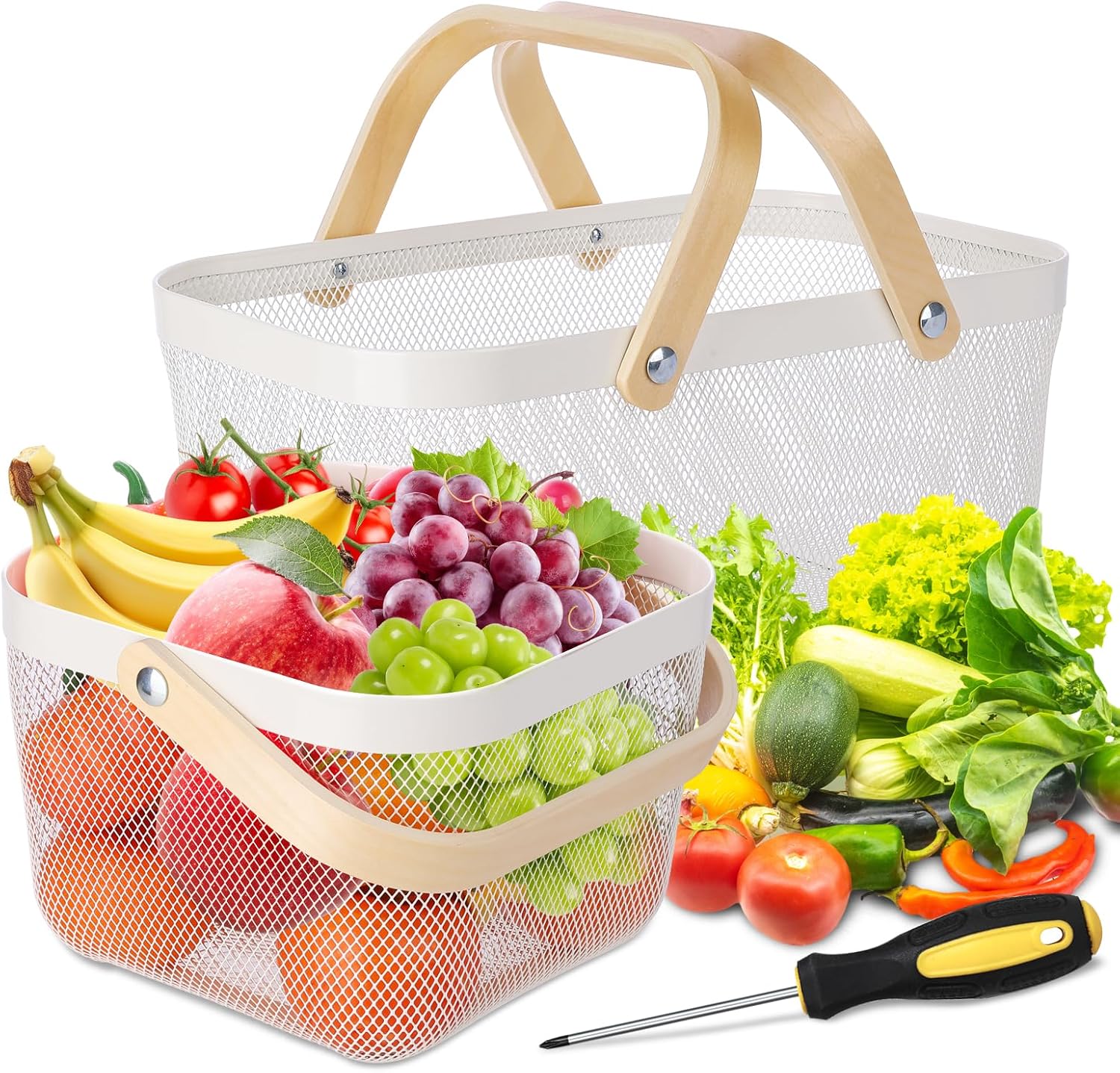 Dualshine 2 Pack Garden Harvest Basket, Metal Mesh Wire Picnic Basket with Handle, Rectangle Garden Baskets for Gathering Vegetables, Fruits, Kitchen, Home Cabinet Closet and Office (White)