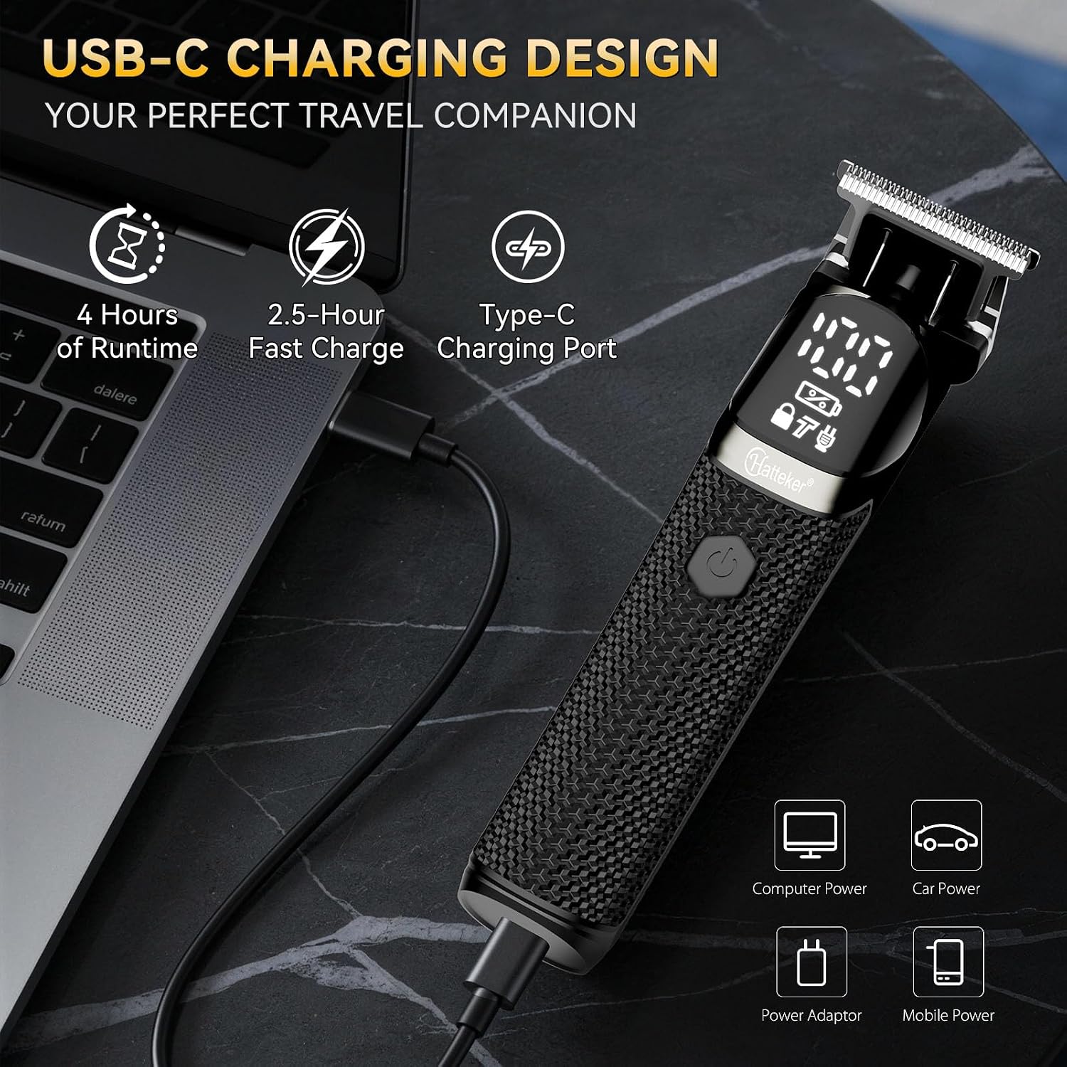 Hatteker 6-in-1 Men’s Grooming Kit, IPX6 Waterproof Electric Beard Trimmer, Cordless Hair Clipper for Beard, Nose, Ear & Body Grooming, Stainless Steel Blade with LED Display, Type-C Charging