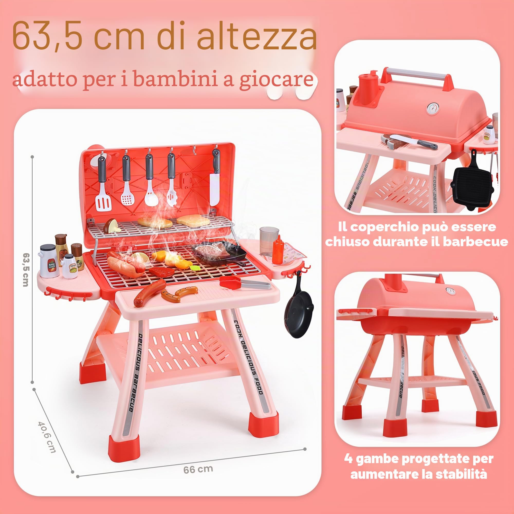 CUTE STONE barbecue giocattolo in pietra per bambini, set da cucina, set da gioco realistico per barbecue con fumo e accessori da cucina Rosa