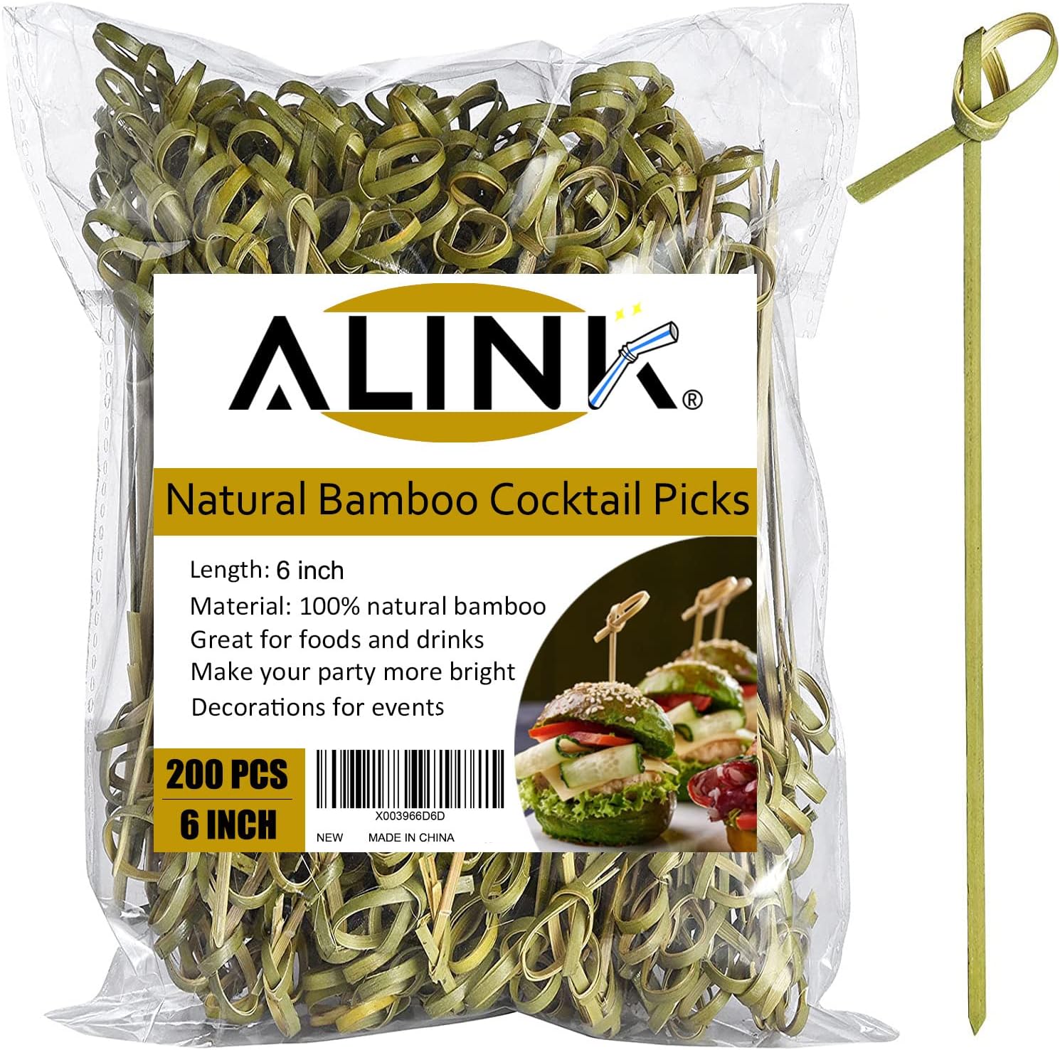 ALINK 200PCS Bamboo Cocktail Picks, 6 Inch Long Food Picks, Fancy Knot Sticks