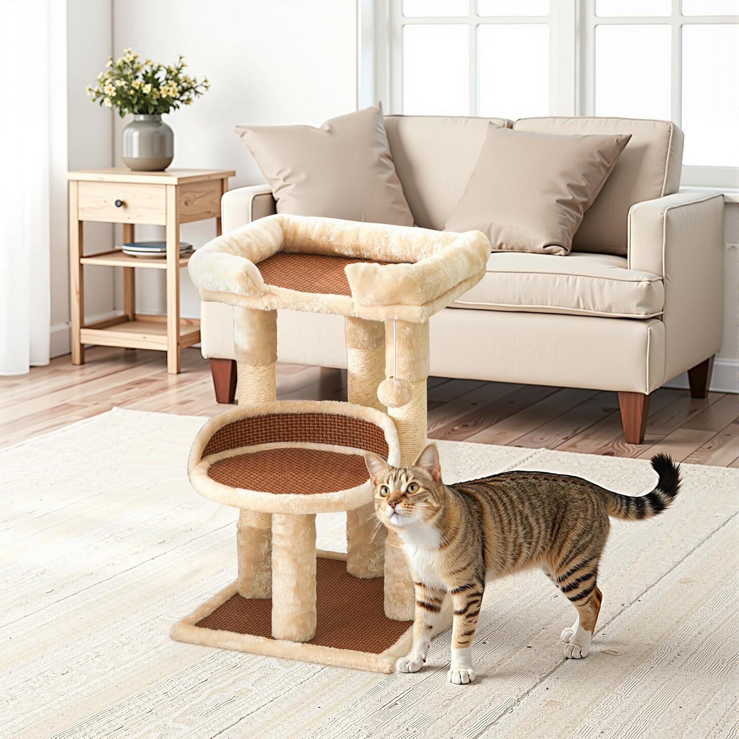 Multi-Level Cat Tree for Indoor Cats, Modern Cat Tower with Double Beds & Scratching Posts, 27in Cat Tree for Large Cats and Kitten, Small Cat Climbing Tower with Hanging Toys, Cream White