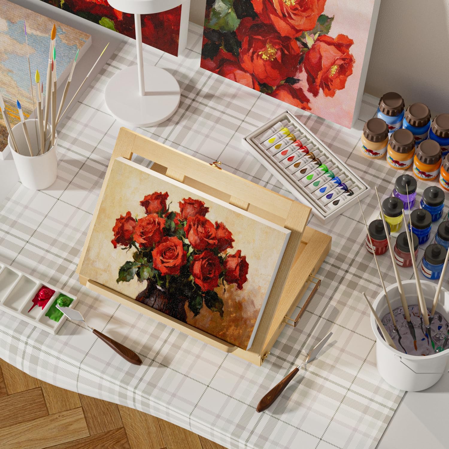 LUCYCAZ Art Easel for Painting, Tabletop Painting Easel Set for Kids, Pine-Wood Portable Easel Stand for Artists with Canvas, Acrylic Paints, Brushes, Palette and Palette Knives for Adults Beginners
