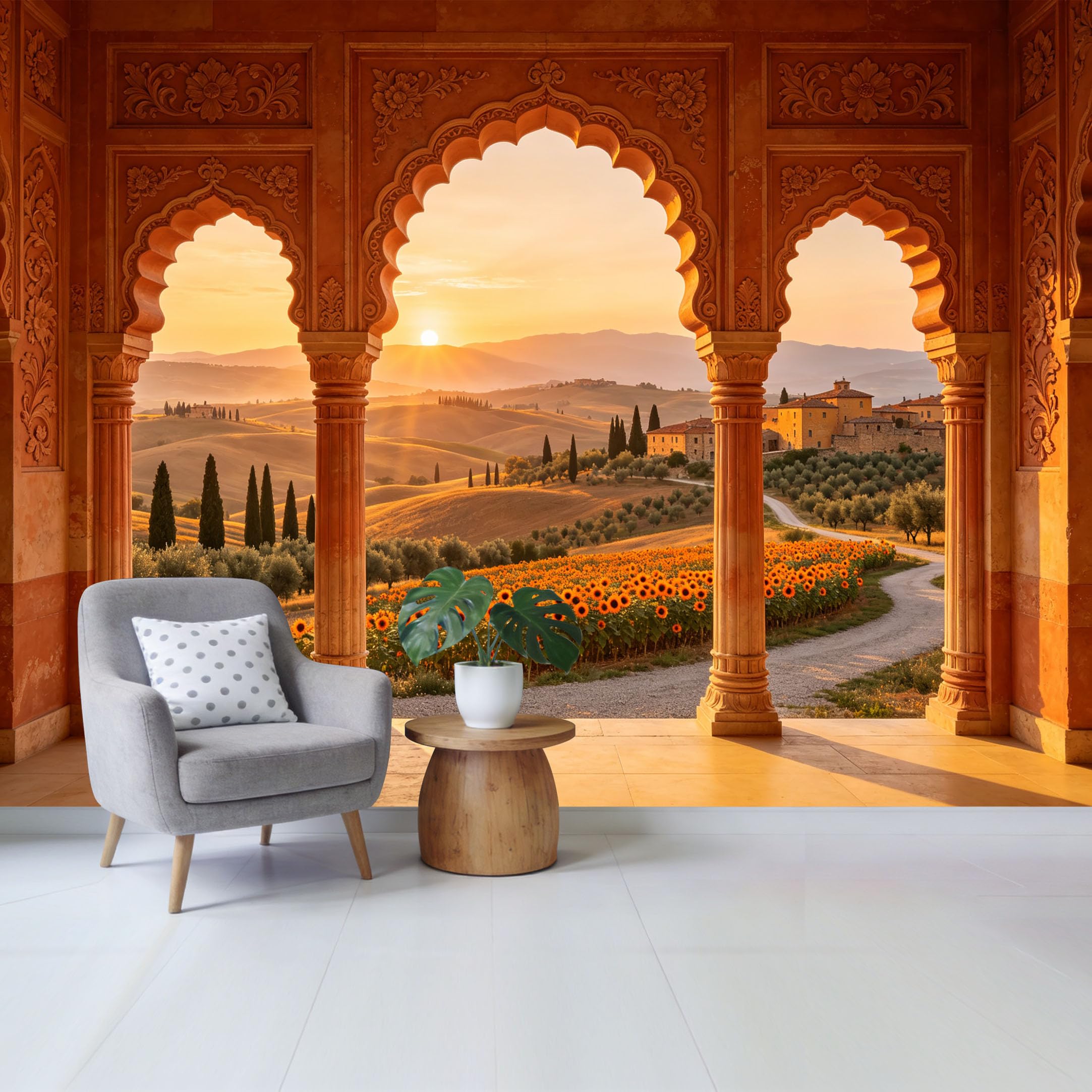 Removable Self Adhesive Fabric Mural， Tuscan Sunset Sunflower Field Landscape Custom Size Wall Covering， UV Protected Waterproof Washable Wall Decor for Living Room Bedroom Bathroom