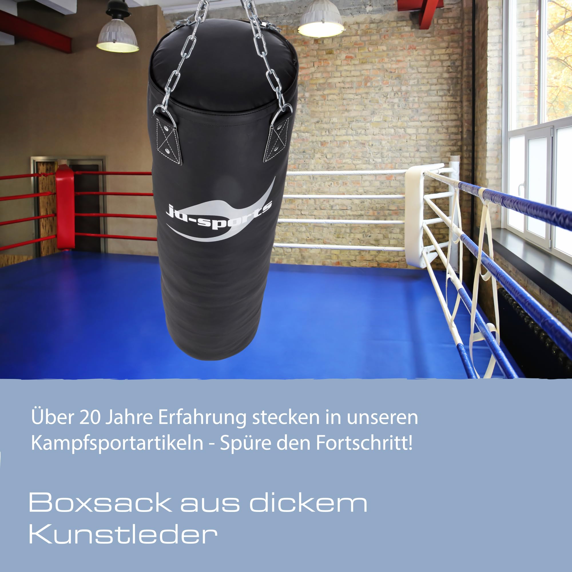 Ju-Sports Boxsack hängend Ø 35cm I Sandsack Kunstleder ungefüllt für das Box Training I Sehr stabil mit Kette + Drehwirbel, Kette verdreht Sich Nicht