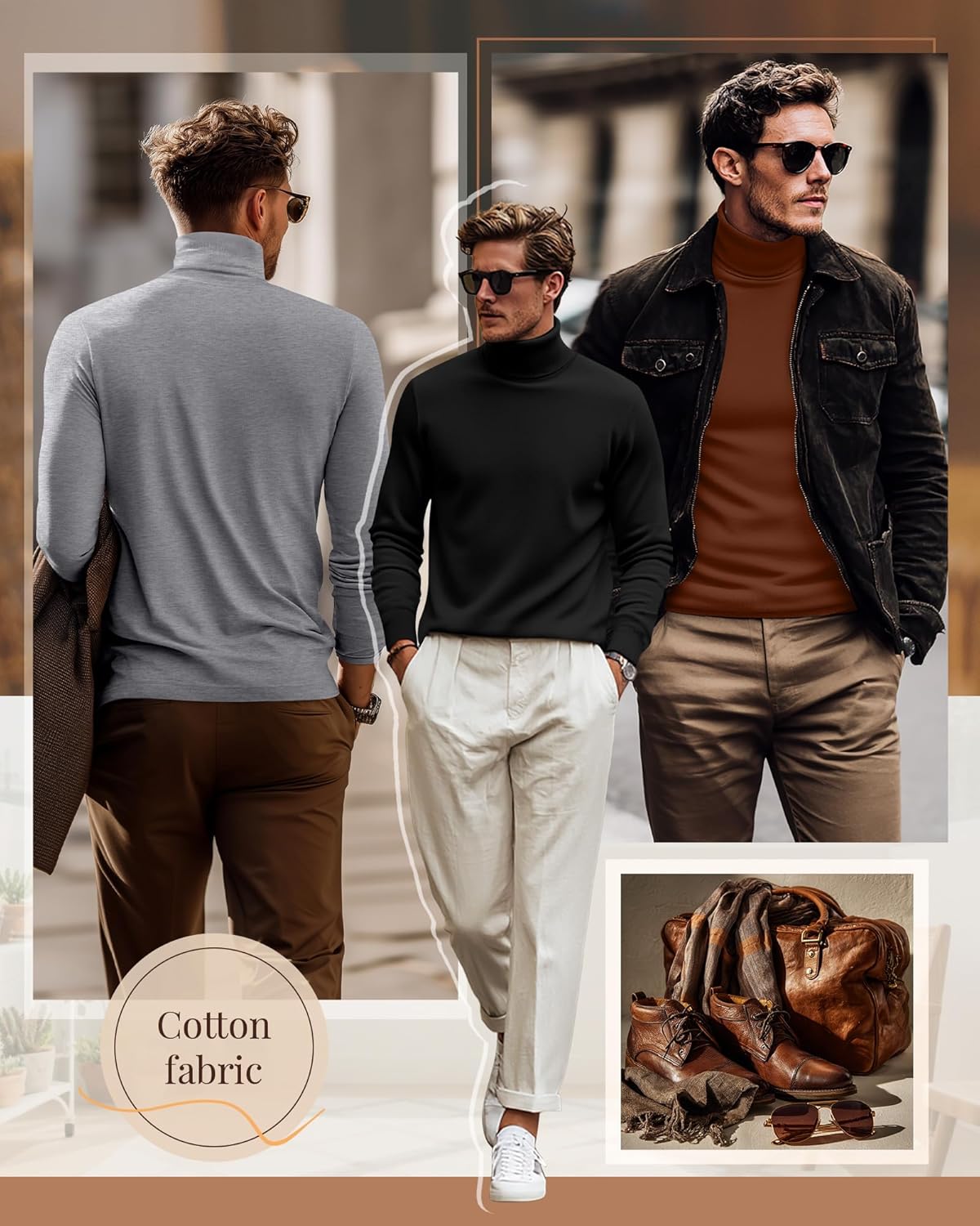 Ficerd 3 Pack Men's Turtleneck Shirts, Long Sleeve Cotton Pullover Sweaters Mock Neck Knitted T-Shirt Basic Slim Fit Tops