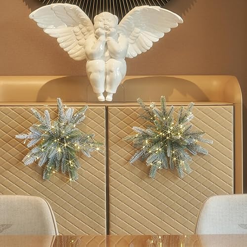 Vista 9 de LITBLOOM - Luces de copos de nieve con temporizador, funcionan a baterías o por cable USB; ramas de pino iluminadas con 60 luces LED, de 18