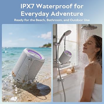Portable Bluetooth Speaker, IPX7 Waterproof Wireless Speaker with 20W Loud Stereo Sound, 15H Playtime & Beat-Synced RGB Light, Small Outdoor Speaker for Shower, Pool, Beach,Hiking,Gifts(Gray)