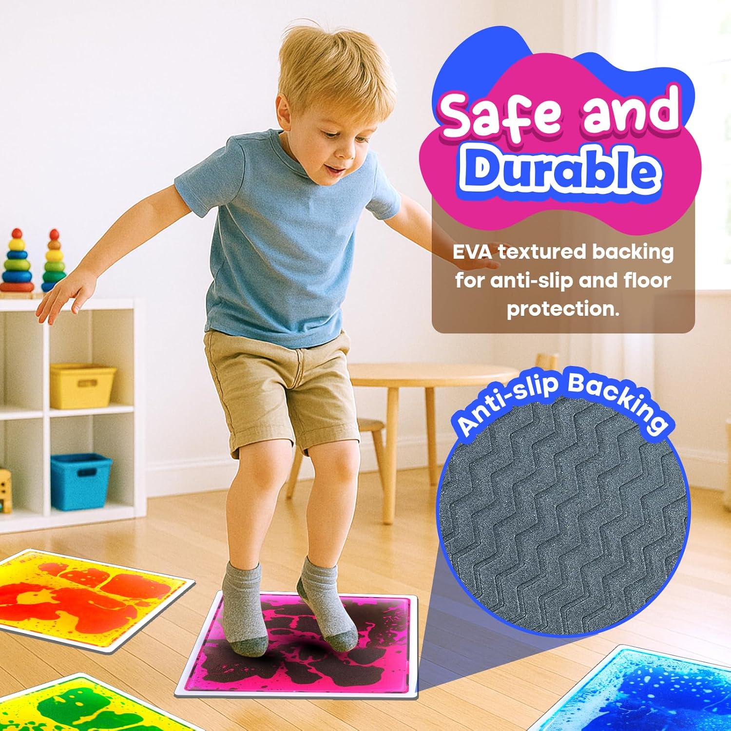 Sensory Floor Tiles for Kids Toddlers: 12"x12" Liquid Sensory Mats Puzzle Pads, Colorful Autism Sensory Play Mat for Dancing Stepping Lava Tile Games, Daycare Sensory Room Preschool Must Have(4 Pack)