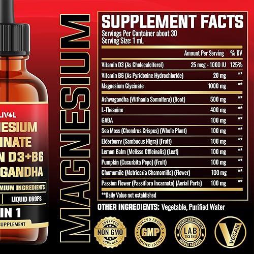 Miniatura 2 de Gotas líquidas de glicinato de magnesio 12 en 1, suplemento de complejo de magnesio de absorción maximizada, raíz de ashwagandha, suplemento de