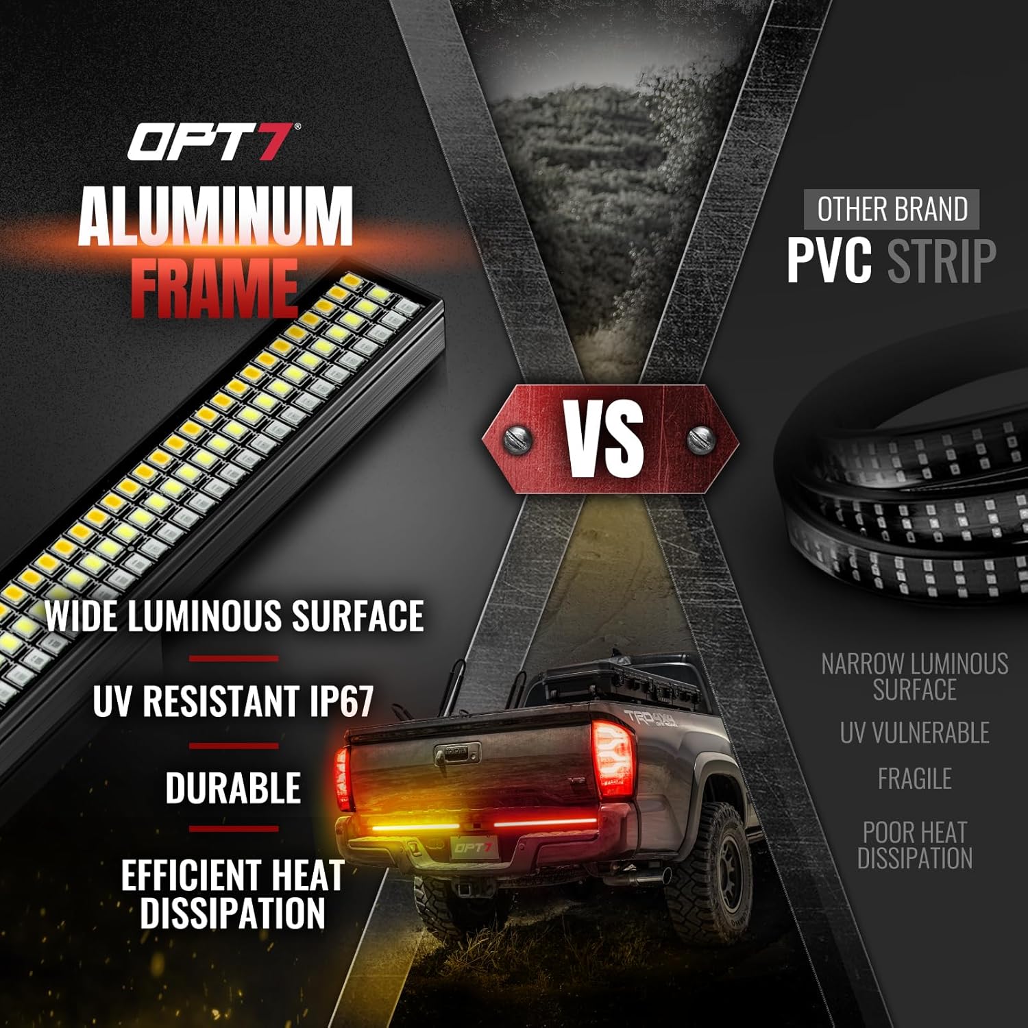 OPT7 Redline Parlux Tailgate Light Bar for Tacoma w/Sequential Amber Turn - Rigid 2-Piece Aluminum Triple Row LED Strip, Truck Dynamic Taillight w/Ignition Sequence - Fits 2007-2023 Tacoma 2nd/3rd Gen