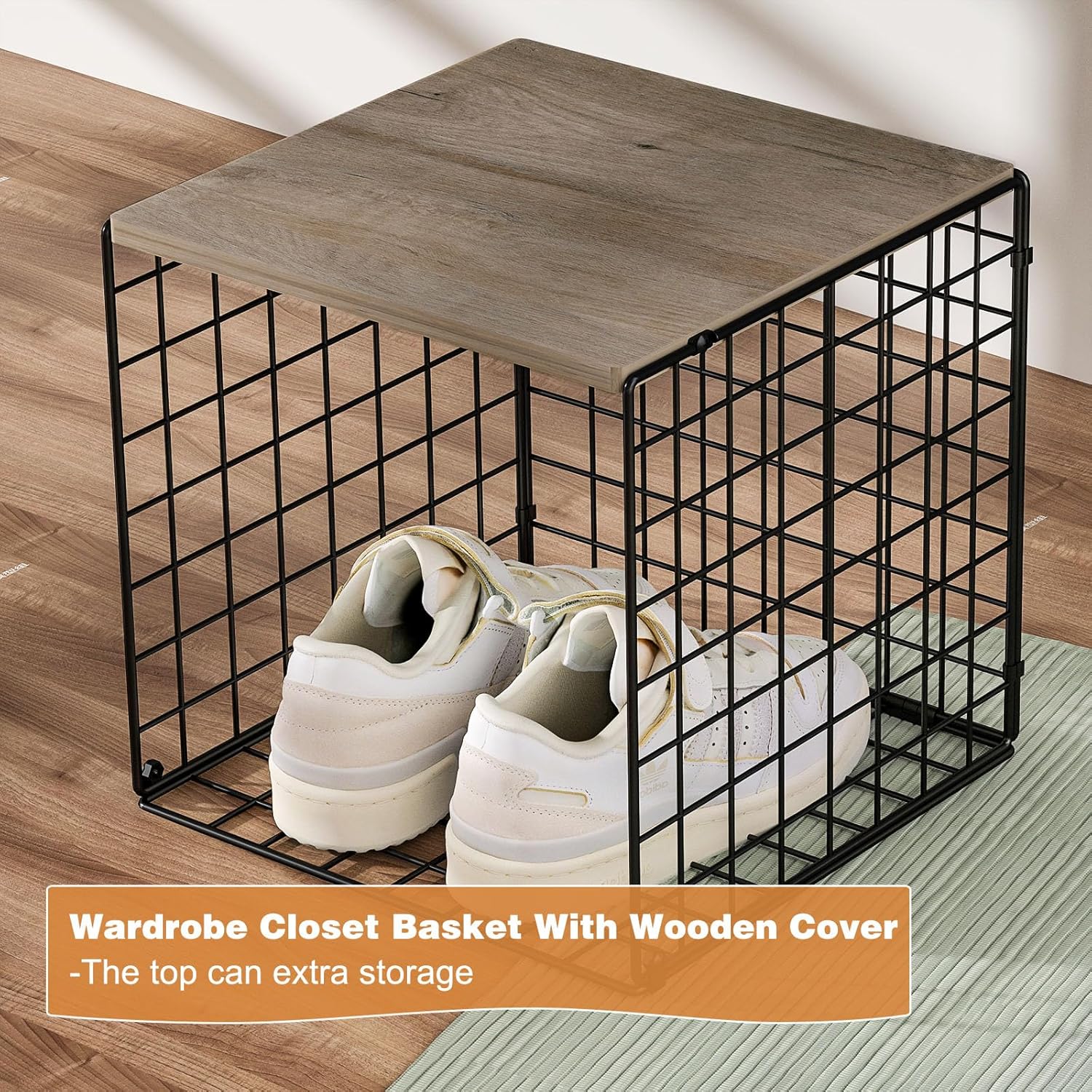 4-Tier Stackable Closet Organizers and Storage Basket, Shelves with Wood Top, Foldable Clothes Storage Bin/Cube Drawer Organizer for Wardrobe, Space-Saving, Closet Organization,Black(Patent Pending)