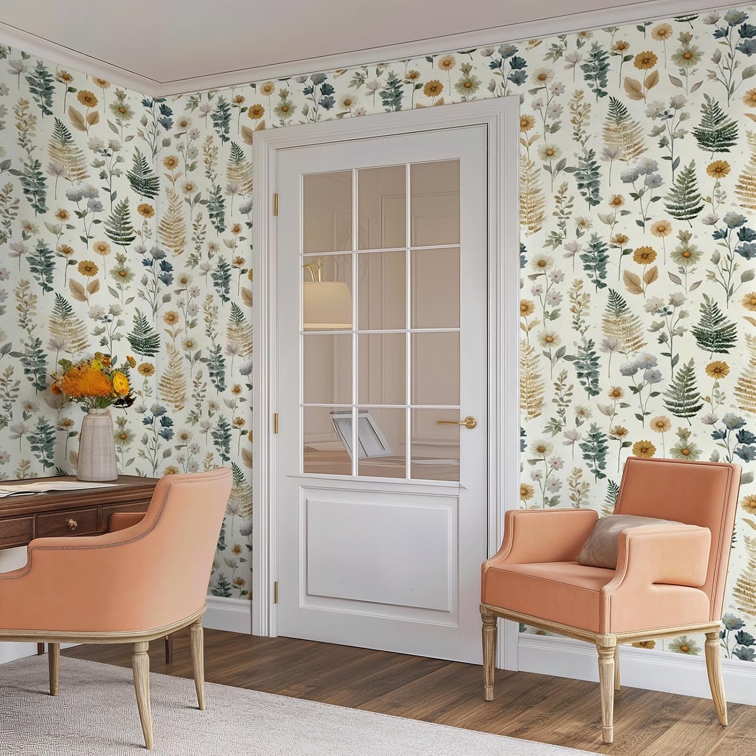 Watercolor Wildflower Botanical Floral Wallpaper Peel and Stick Removable 17.7" x 236.22" Mustard Daisy Sage Fern Wall Paper Self Adhesive for Classroom Bedroom Laundry Room Bathroom