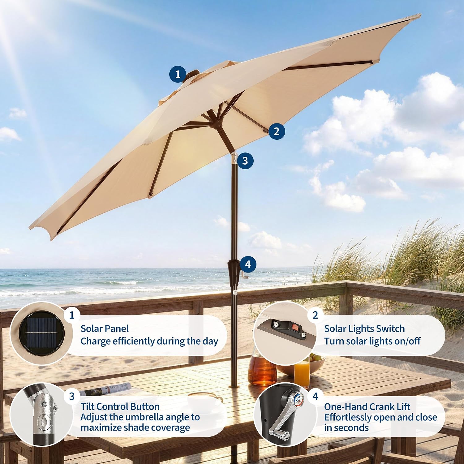 Garvee 9FT Patio Umbrella with 32 Solar LED Lights, Outdoor Table Market Umbrella with Tilt and Crank, 8 Sturdy Iron Ribs Sun Shade for Garden, Deck, Backyard and Pool, Beige