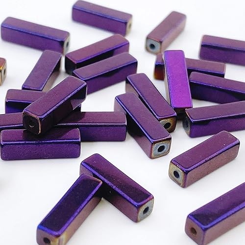 Miniatura 4 de COIRIS 60 piezas de cuentas sueltas de hematita bañadas en morado tubo rectangular de 4.882in, cuentas de 2 hilos de cristal de energía de energía