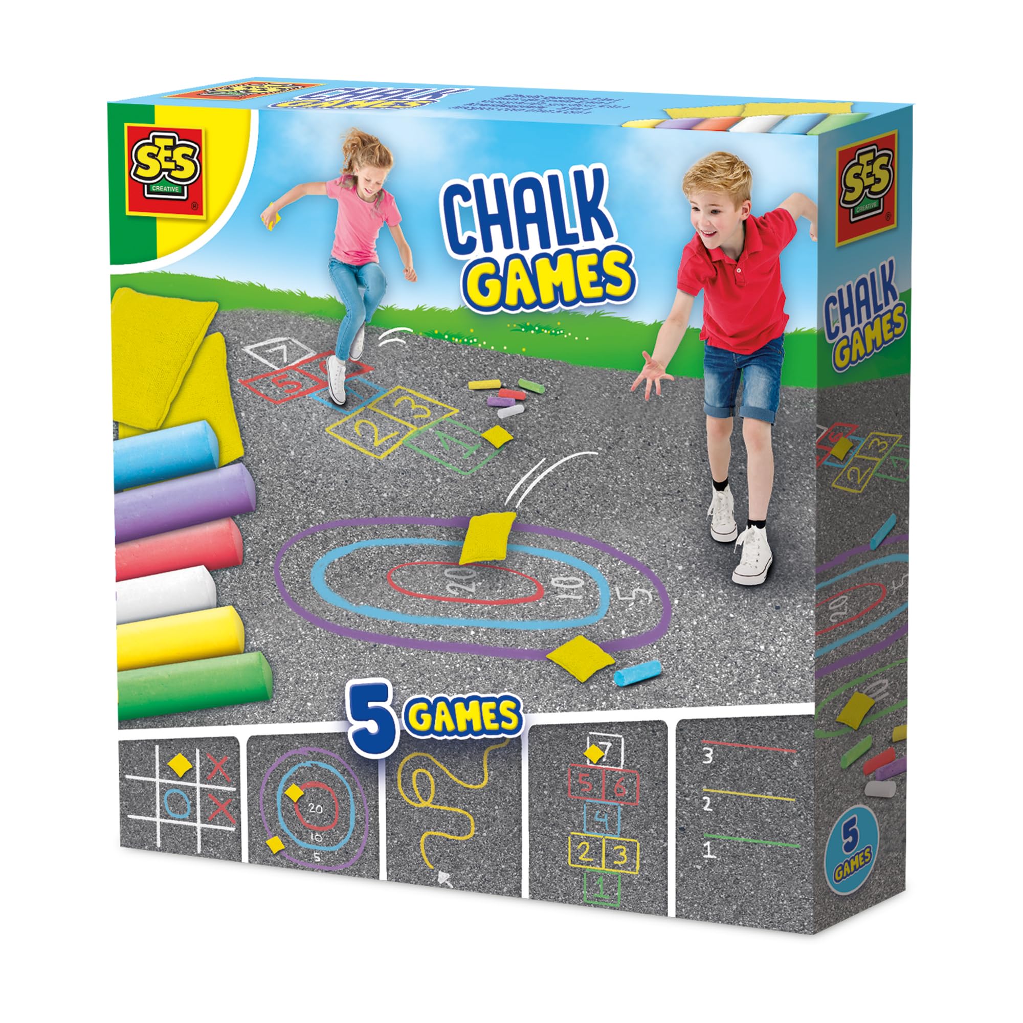 SES Creative Chalk Games 5 in 1, Pavement and Playground Chalk Set for Outdoor Active Play for Boys and Girls Ages 3 Years and Up, 5 Game Ideas Included