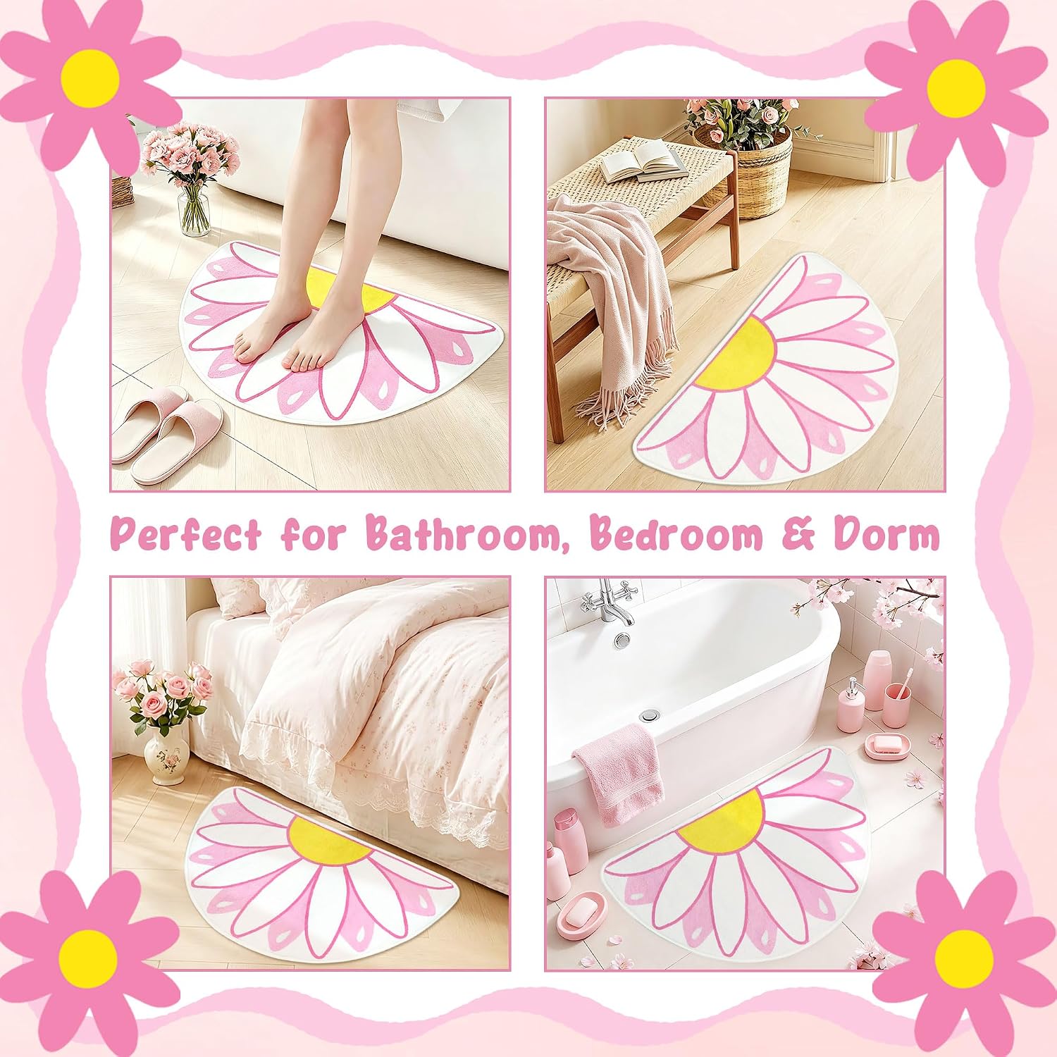 Flower Bath Rug Pink Bathroom Mats Decor Daisy Floral Mat for Girls Bedroom image 5
