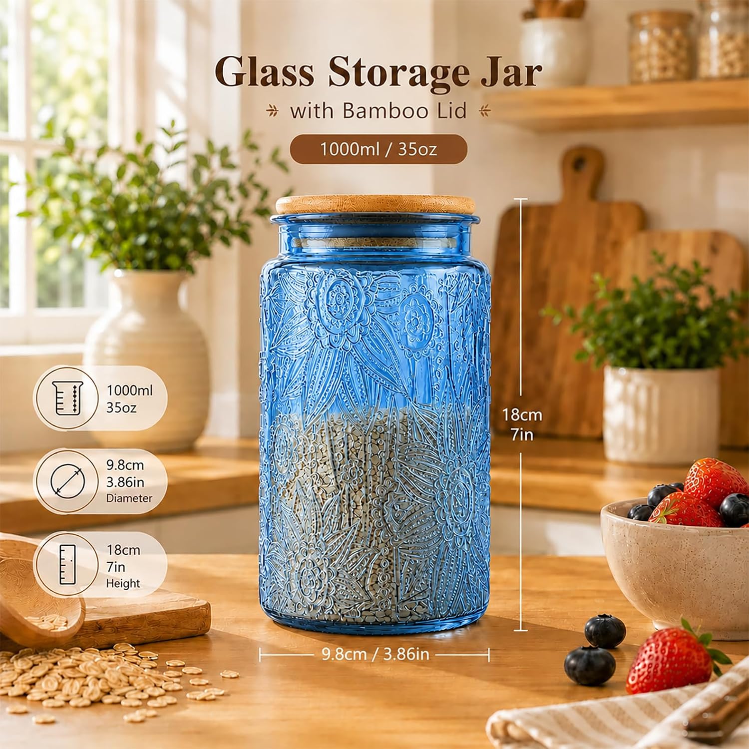 Custde Glass Storage Jars With Airtight Lid, 35oz Canister For Kitchen Counter with Bamboo Lid, brown sugar, candy, coffee, cookie, salt, tea,pantry cute Jar (Blue, 35 fl oz)