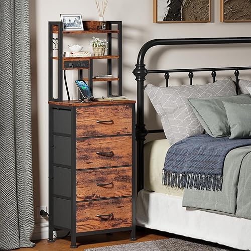 Miniatura 8 de Furnulem Mesita de noche alta, mesita de noche LED con estación de carga y puertos USB, 4 cajones de tela y estante de almacenamiento de 4 niveles,