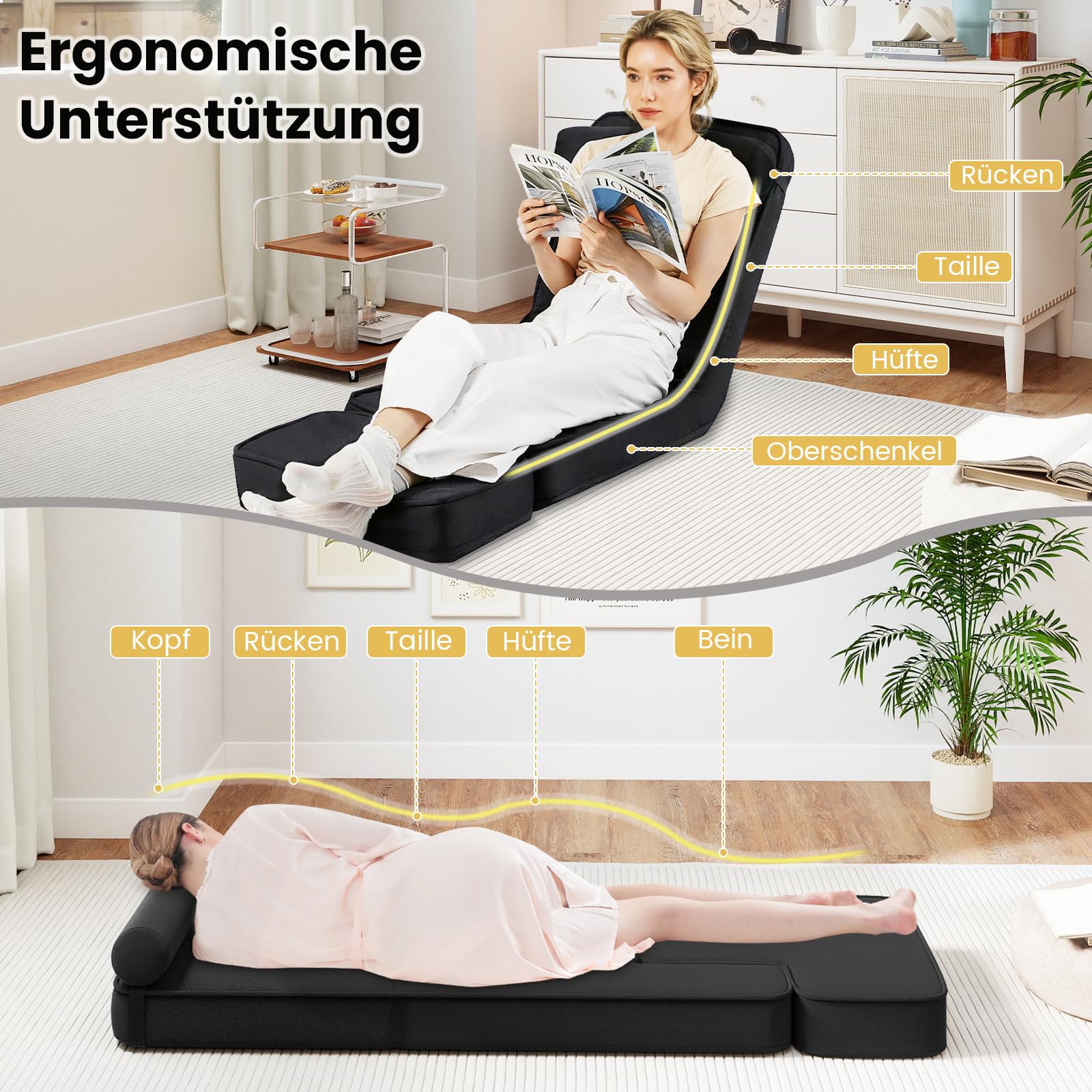 COSTWAY Bodenstuhl klappbar, Bodensessel mit Verstellbarer Rückenlehne & Kopfstütze, Bodensitz gepolstert mit Fußablage & Tischplatte, Bodensofa für Wohnzimmer, Schlafzimmer, Gästezimmer