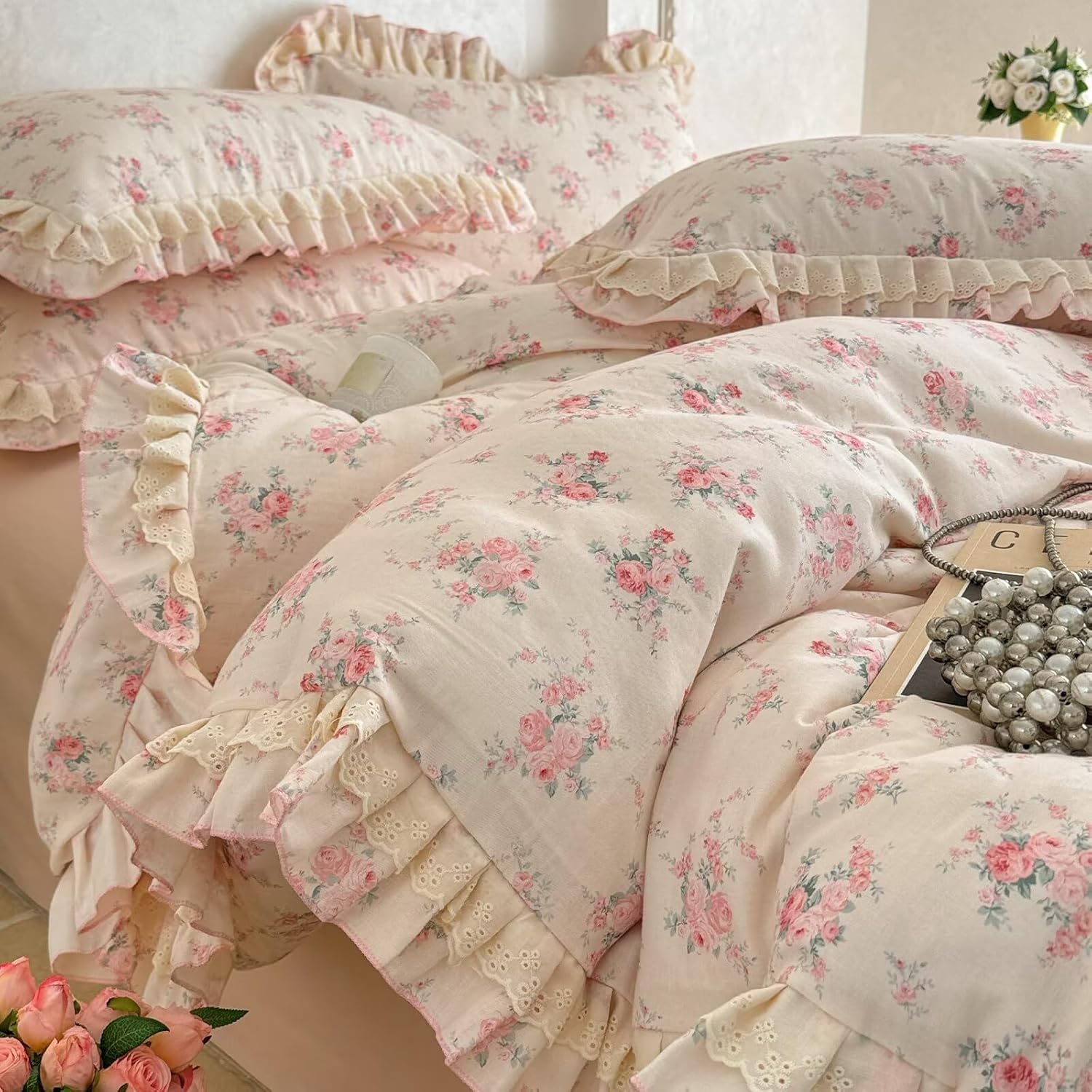 Boho Floral Duvet Cover Set Queen Size 3 Pcs,Pink Flower 100% Cotton Muslin Gauze Bedding Set with Lace Ruffles,Breathable Lightweight Comforter Covers with 2 Pillowcases 90"×90"