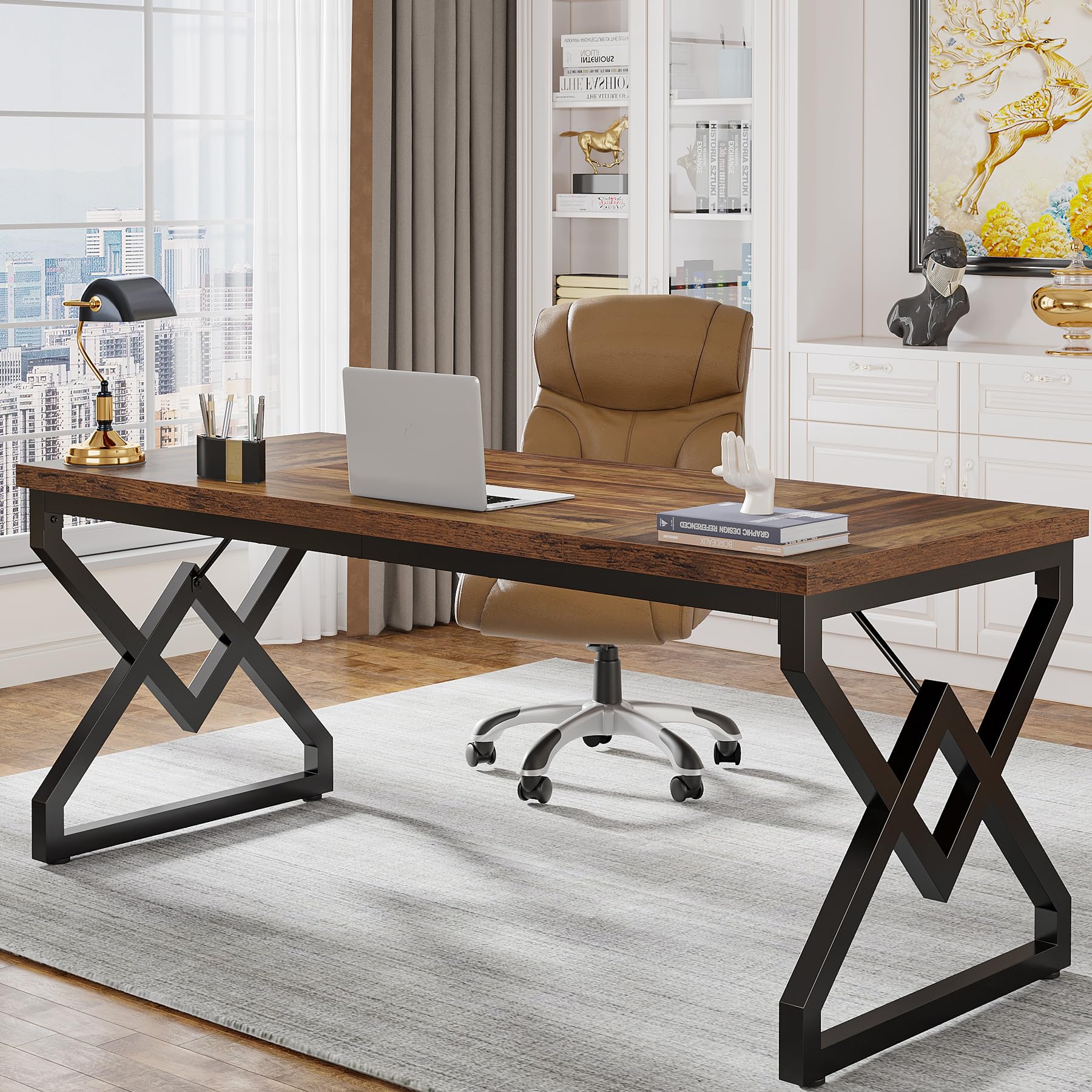 Tribesigns Escritorio Executivo con Mesa de Madera Extra Gruesa y Marco Metálico, 63 Pulgadas para Oficina en Marrón Rustico