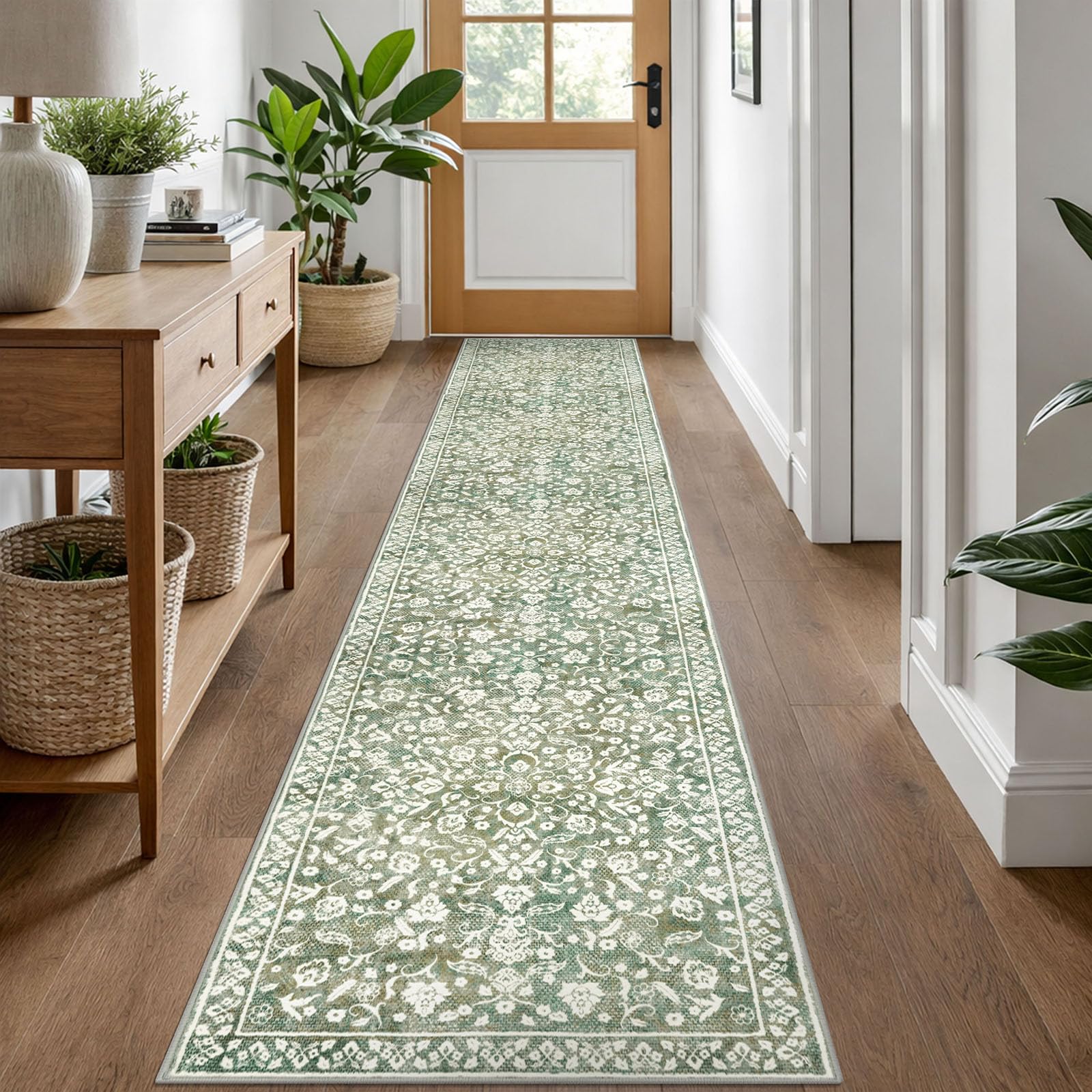 Tapis de Couloir Vintage pour Couloir, 61 x 3 cm, Vert Sauge, Beige, Tapis de Couloir Long, antidérapant, Super Doux, imprimé Floral en Fausse Laine pour entrée, Chambre à Coucher