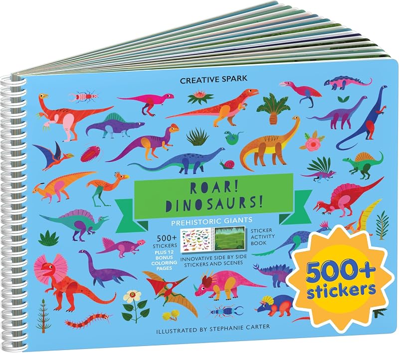 Cupkin Dinosaur Sticker Book Activity for Kids, Toddler Airplane Travel Essentials, 500+ Dino Stickers for Kids + 12 Scenes + 12 Coloring Book Pages, Dinosaur Lover Gift, Crafts for Ages 2–8 Years