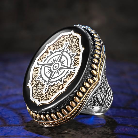 925 Sterling Silver Huge Compass On Amber Stone Mens Ring, Huge Compass Ring, Men Silver Ring, Sailor Ring, Big Ring