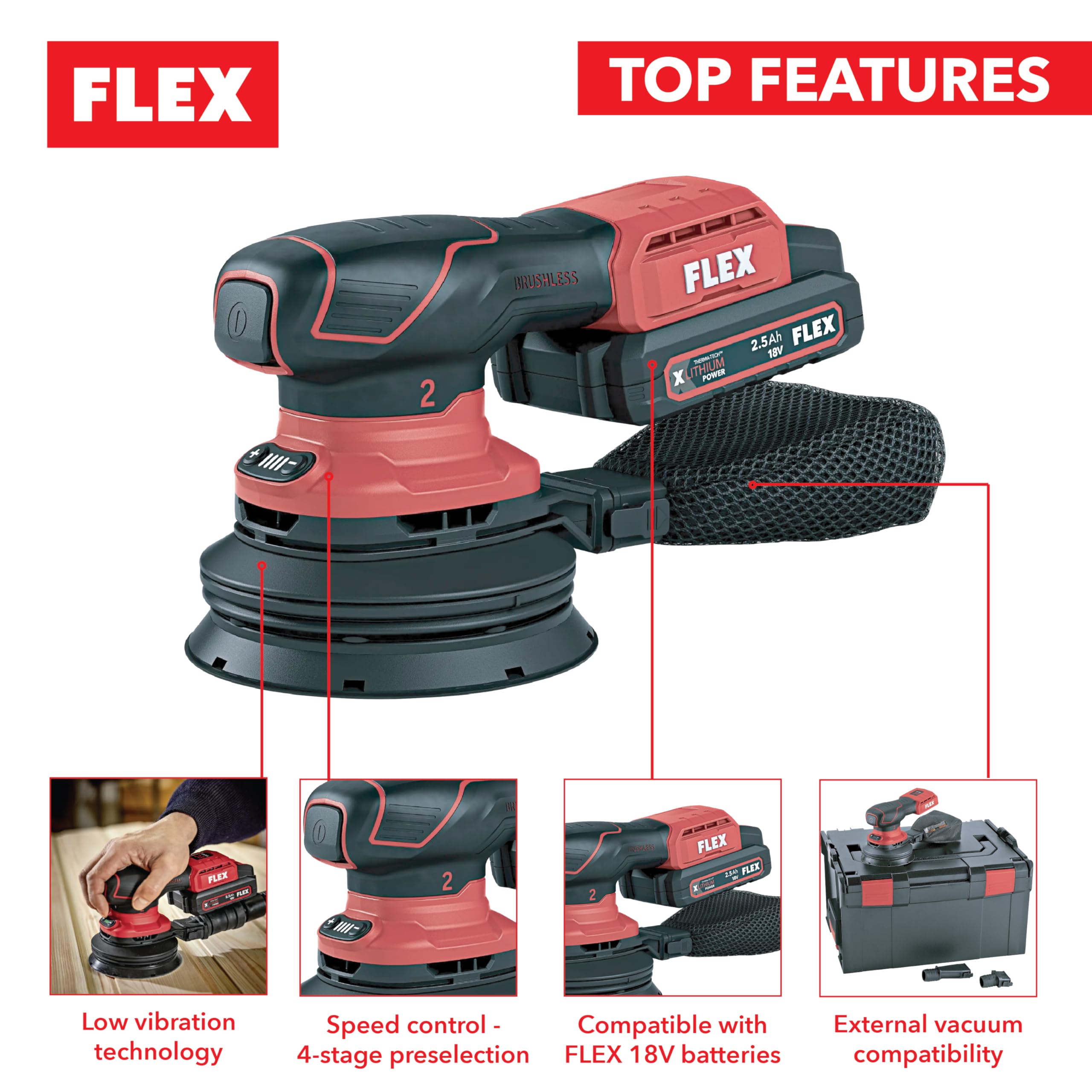 Flex Levigatrice orbitale a batteria ORE 2-125 18-EC (senza batteria, piatto abrasivo ø 125 mm, Multisandro con regolazione della velocità 18 V) 532081