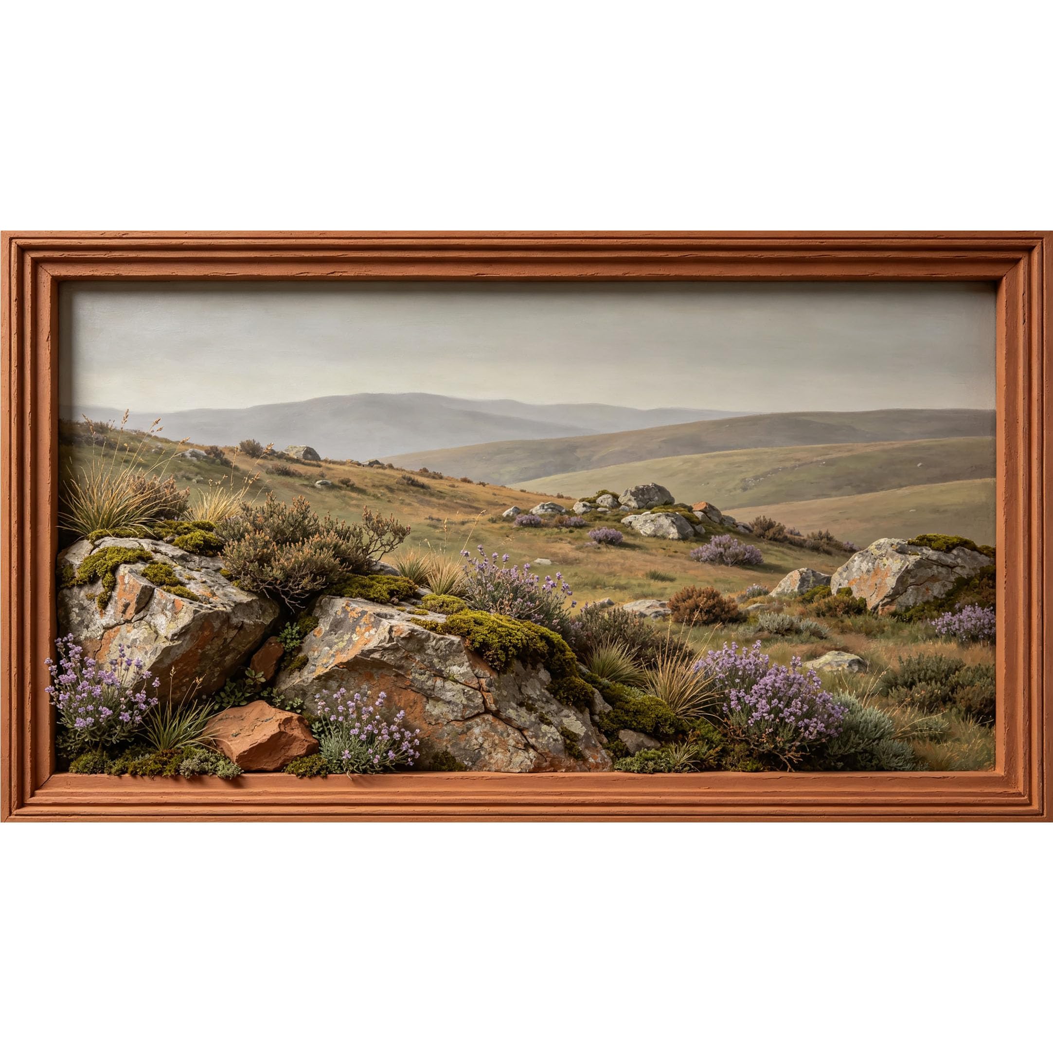 QZLITHOTIC 50x90cm3D Framed Wall Art， Mountain Landscape Wildflower Field Self‑Adhesive Mural， Water‑Activated Peel & Stick Fabric Decor Wall Decal for Bedroom Living Room