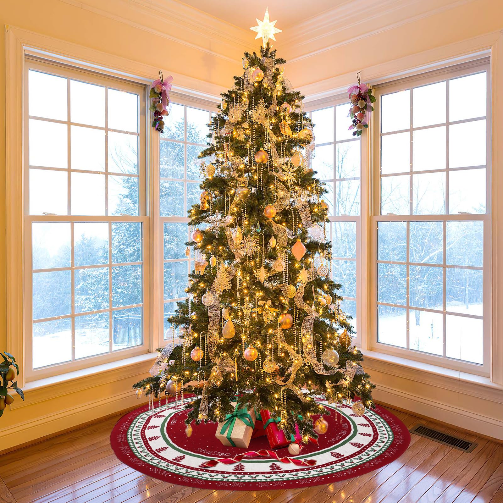 DEMIUKO Jupe de sapin de Noël en tricot rouge épais de 122,9 cm avec flocon de neige – Jupe de sapin de Noël rétro pour Noël, Nouvel An, vacances, maison, ferme, décoration d'intérieur (122 cm)