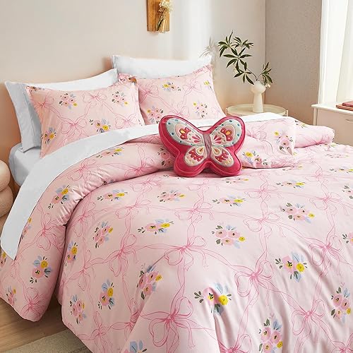 Miniatura 5 de HollyHOME Juego de edredón con lazo rosa, tamaño matrimonialqueen, juego de edredón para niñas, 3 piezas de cama en una bolsa, patrón de corbatín de