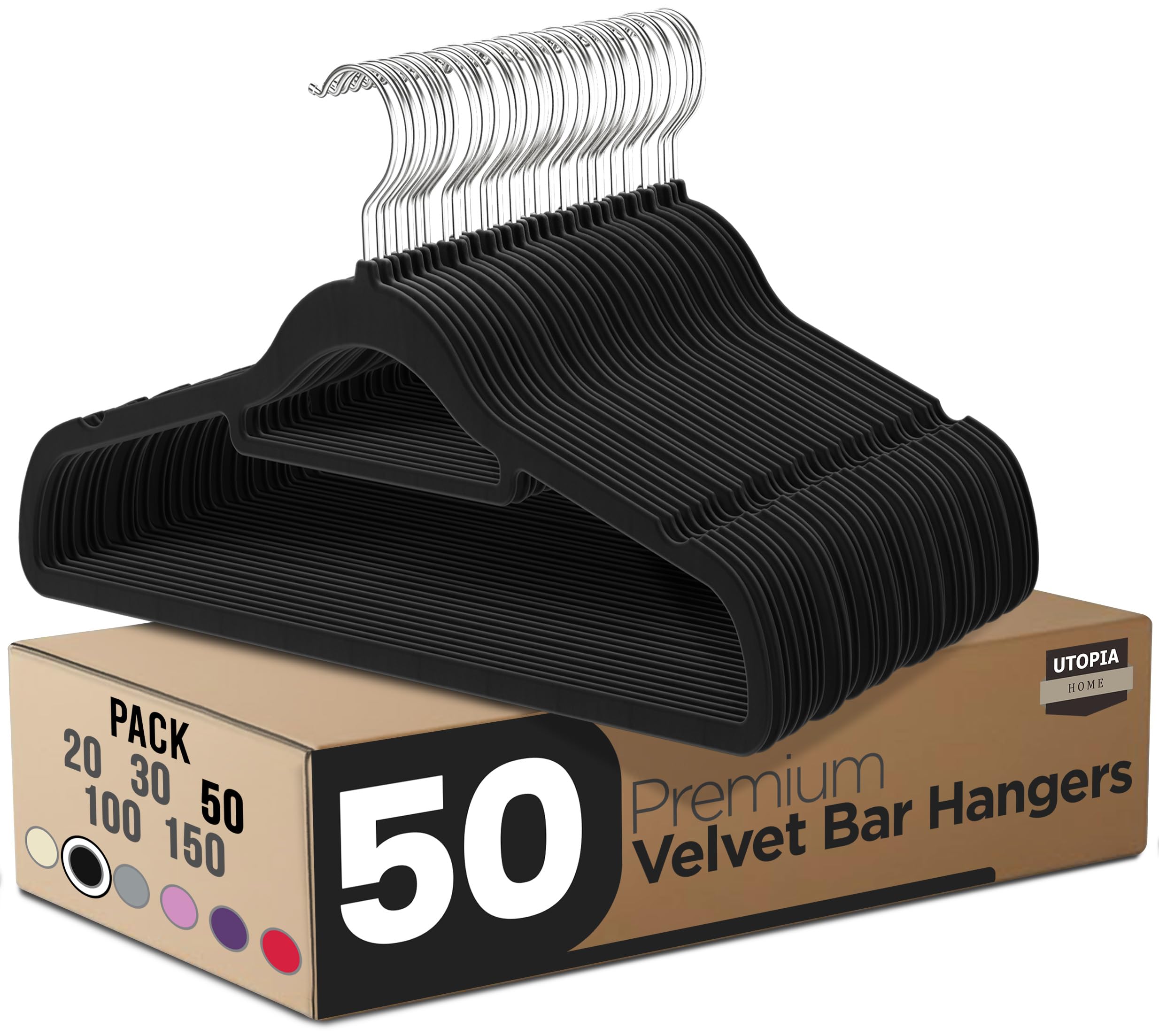 Utopia Home Premium Velvet Hangers 50 Pack - Non-Slip Clothes Hanger with Tie Bar - Black Hangers with 360 Degree Rotatable Hook - Heavy Duty Coat Hanger