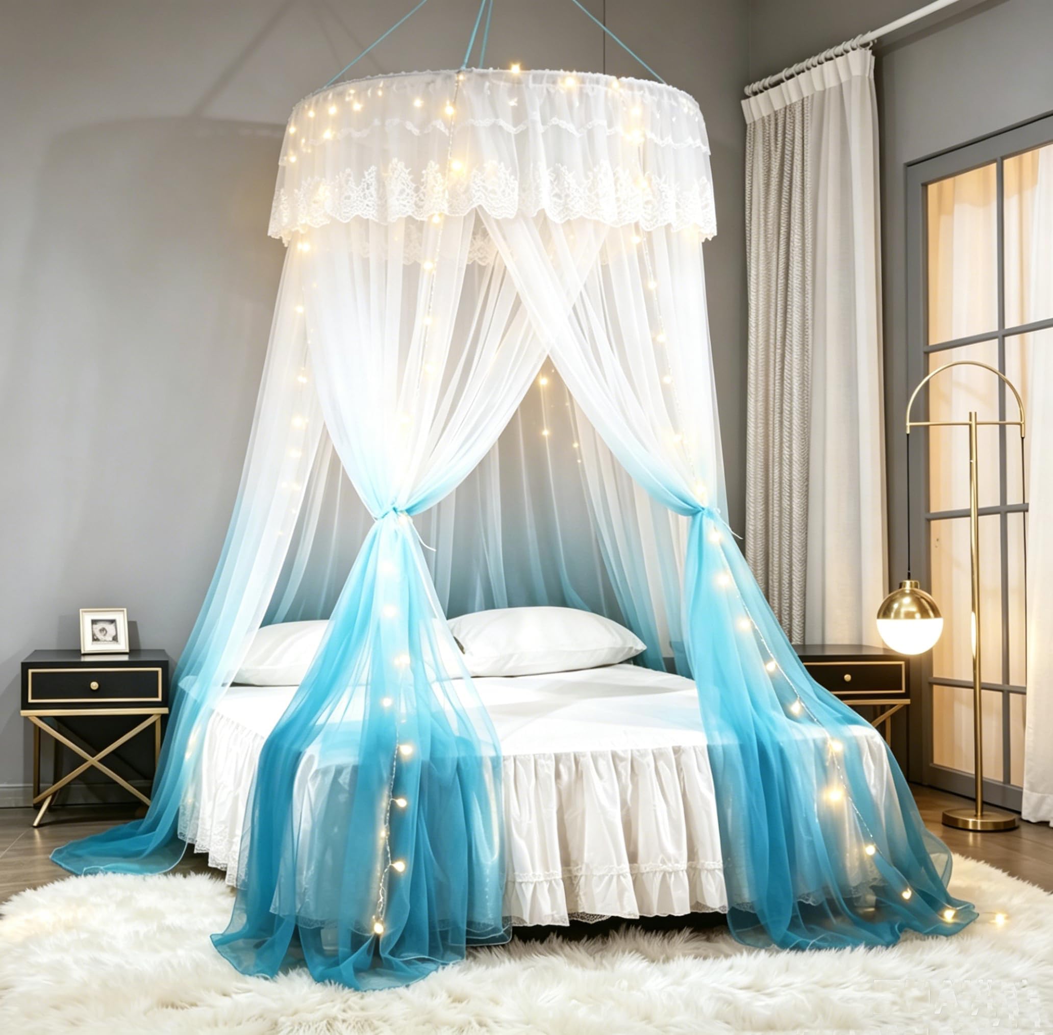 Mengersi Pirncess Bed Canopy for Girls & Adults with Lights,Round Dome Ombre Canopy Bed Curtains Mosquito Net Play Tent for Kids Teen Adult King Queen Full Double Bed (Round Canopy + Led Lights)