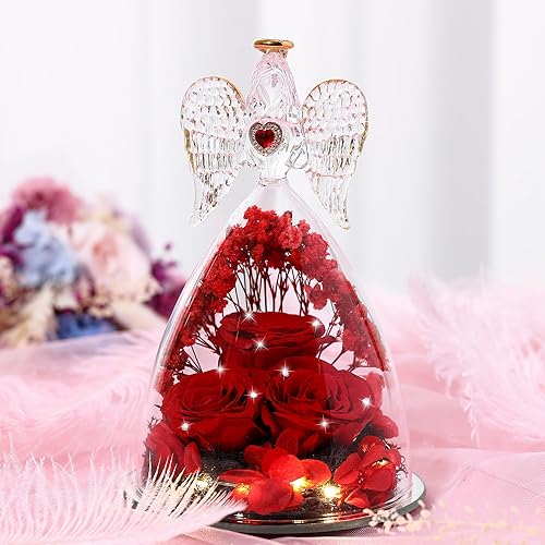 Miniatura 4 de Regalos de rosas para el Día de la Madre para mujer, figuras de ángel grandes con rosas reales, rosa real preservada para ella, rojo cristal