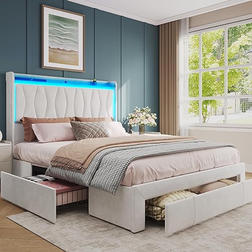 Fameill Queen Size Bed Frame with LED Light and 3 Drawers Storage, Upholstered Velvet Platform Bed Frame with Charging Station, Wingback Tall Headboard, No Box Spring Needed, Beige