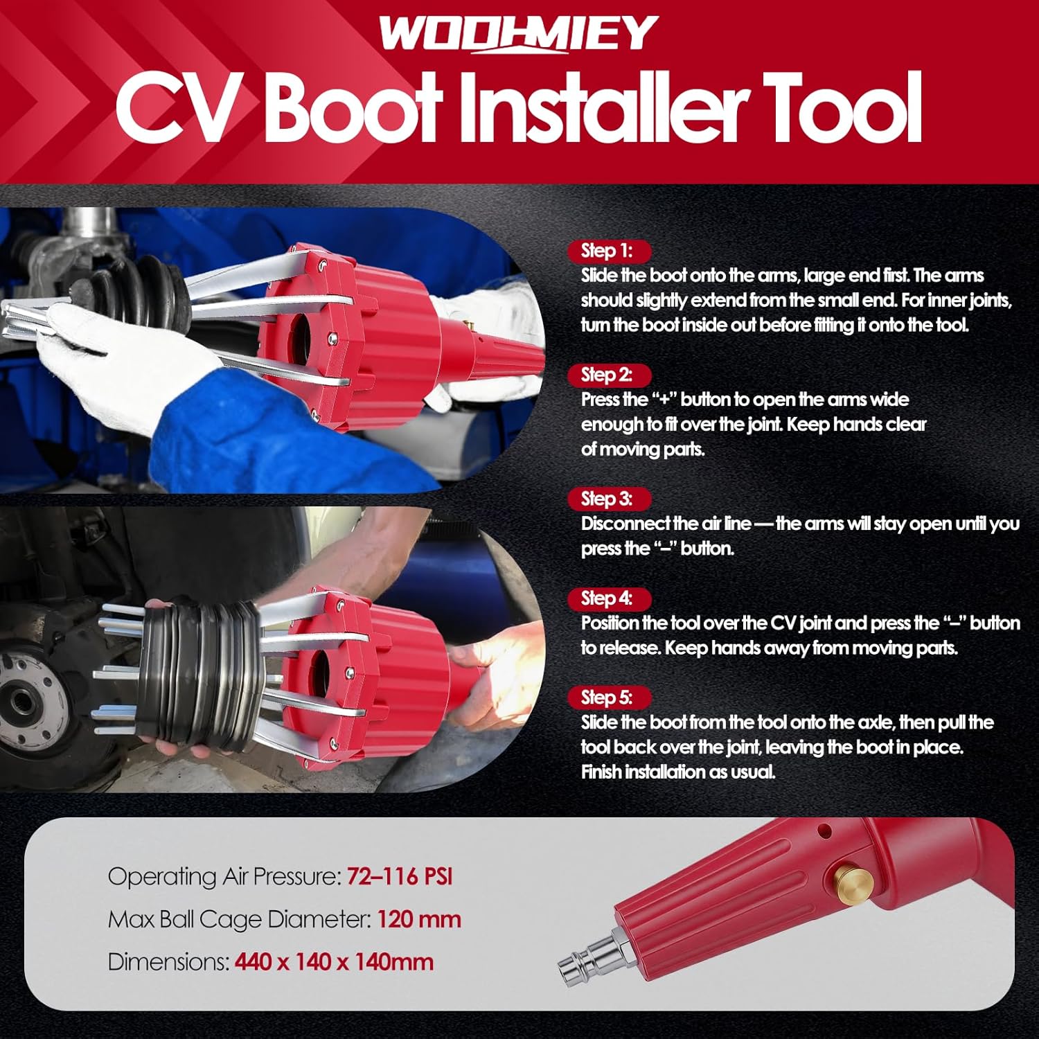 Pneumatic CV Boot Expander Spreader Tool Kit, Installation Removal Repair Kit with 3 Clamp Pliers 15 Pairs Hose Clamp, Universal CV Joint Boot Tool Compatible with ATV UTV (Red)