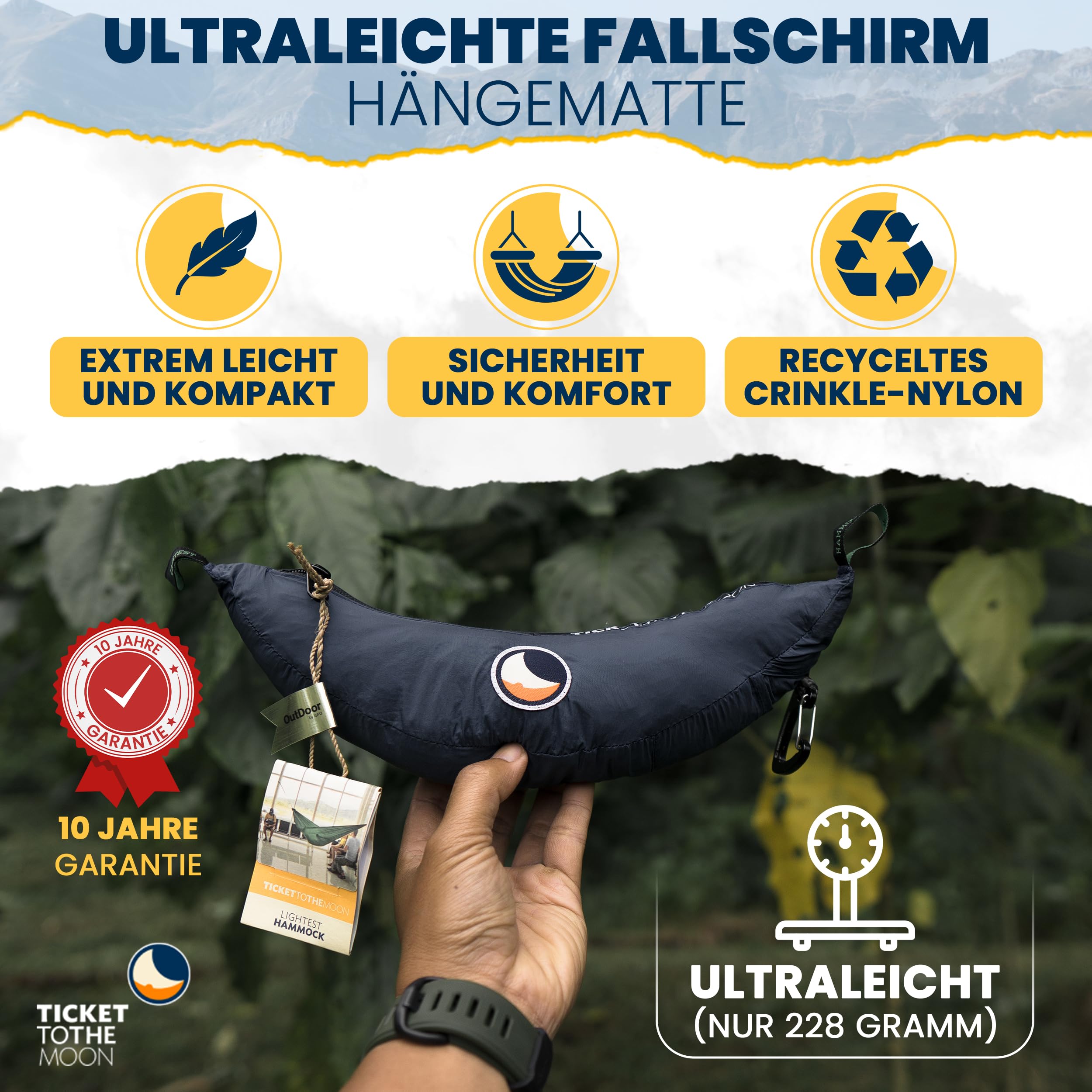 Amaca Ultraleggera Blu Navy | Nylon Paracadute 320 x 140 cm, 228 g - Con Moschettoni 6 kN e Montaggio Facile | Ticket to the Moon dal 1996